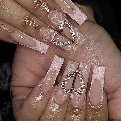 Uñas largas a presión con forma de ataúd, uñas postizas con diseño de diamantes de imitación, uñas acrílicas con purpurina, uñas postizas