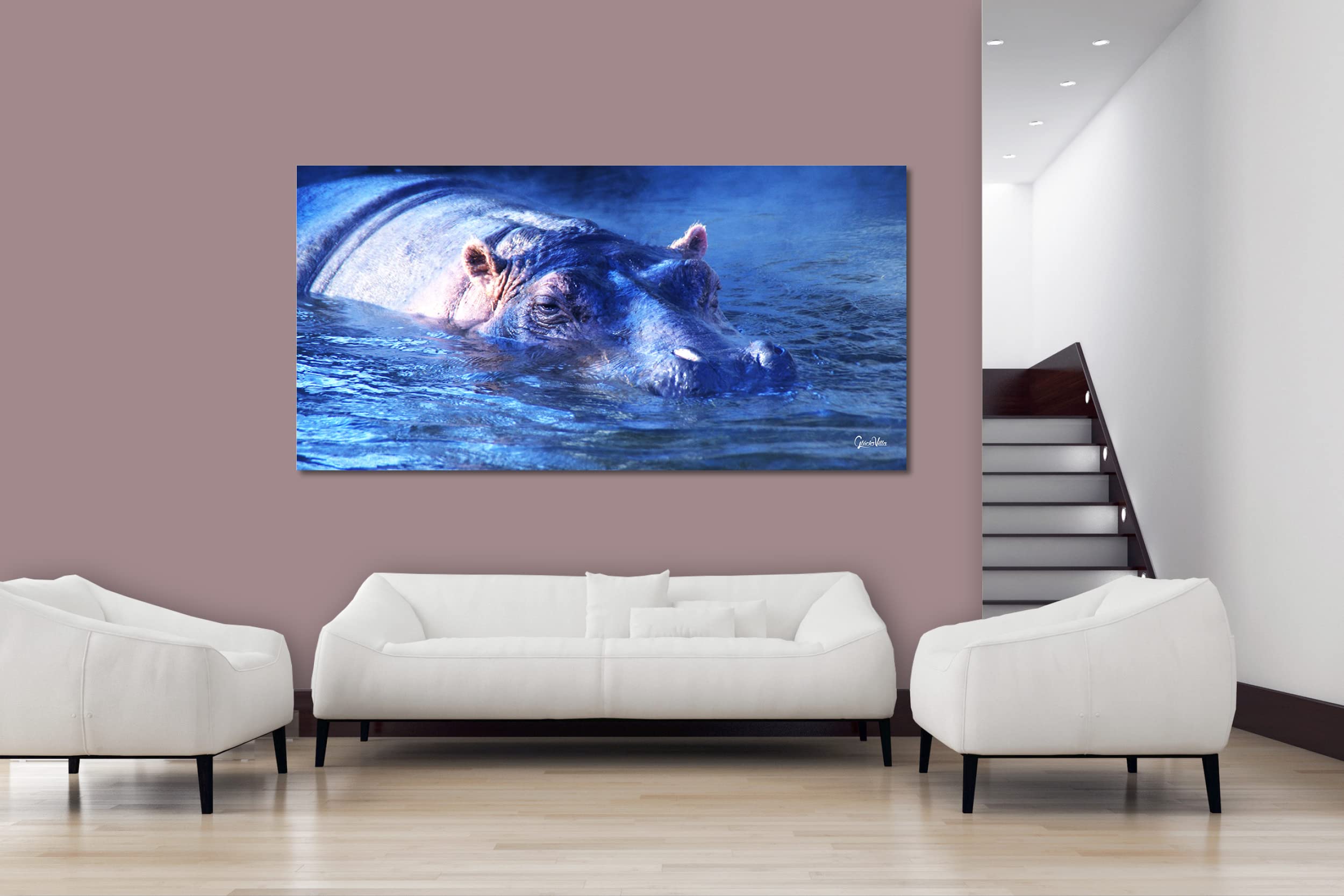 Glücksvilla - Nilpferd 2 (Leinwand-Bild 2 cm, 200 x 100 cm) | div. Maße - aus DE - Kunstdruck Deko Wandbild quer - Wildnis Afrika Natur Tier Hippo