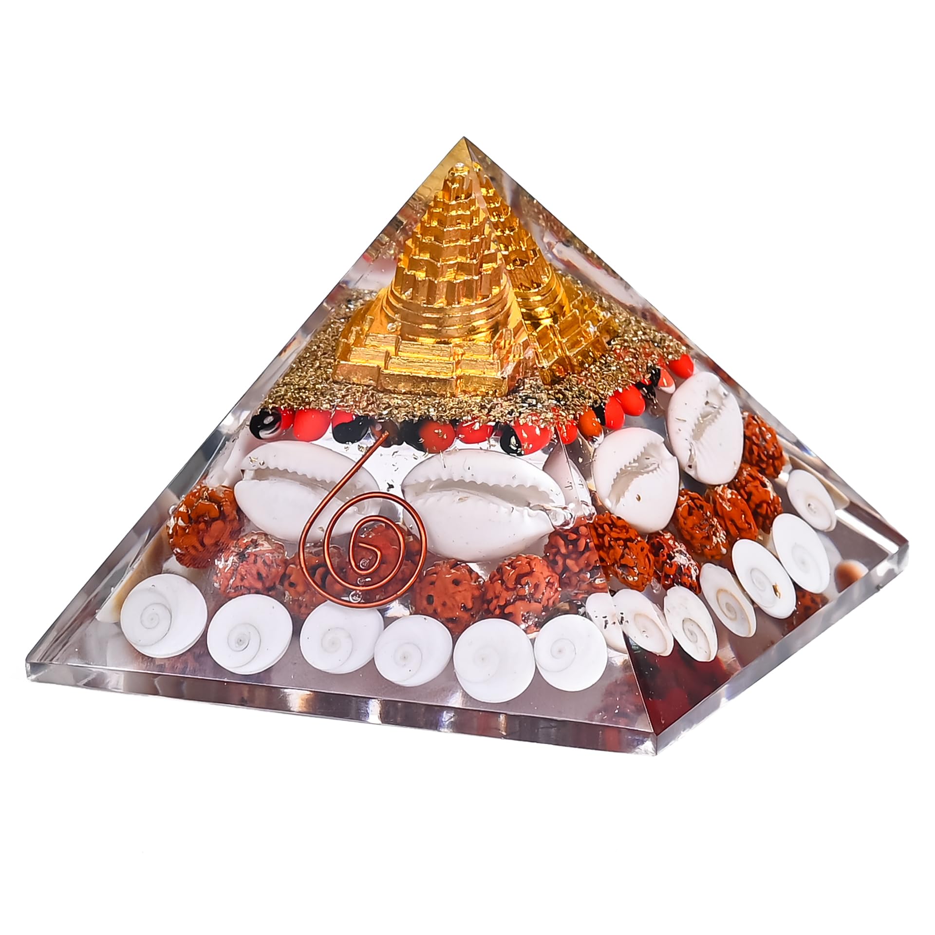 HindCraft Laxmi Pyramid with Gomti Chakra, Rudraksha & Cowrie (75mm) – Vastu Pyramid for Home, Meditation, Wealth & Positive Energy | Original Lakshmi Yantra & Shree Yantra Pooja Item