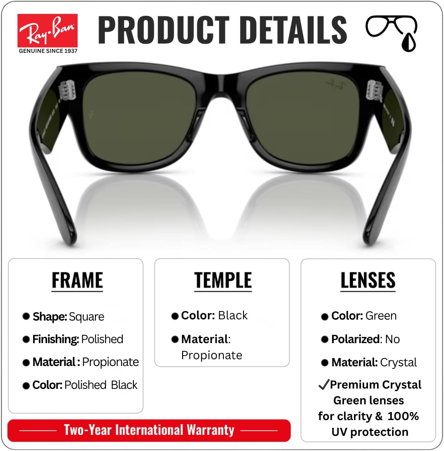 Ray-Ban RB0840SF MEGA WAYFARER LOW BRIDGE FIT Square Shaped Sunglasses for Men & Women with Official RAYBAN Eyewear Kit