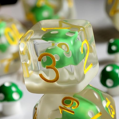Miniatura 4 de DNDND - 7 dados de resina para DND de hongos con bolsa de terciopelo para juegos de rol de Calabozos y Dragones y juegos de mesa (hongos verdes)