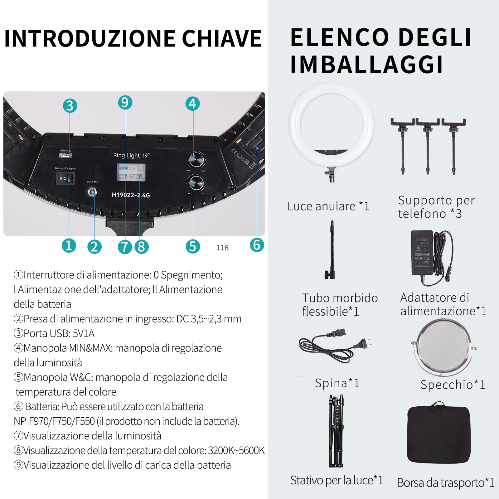 19" LED Luce Anulare Kit con Stativo, Specchio e Supporto per Telefono per La Fotografia in Studio, Ritratto, Selfies, Live Streaming, Registrazione Video, Riempimento Trucco di Bellezza