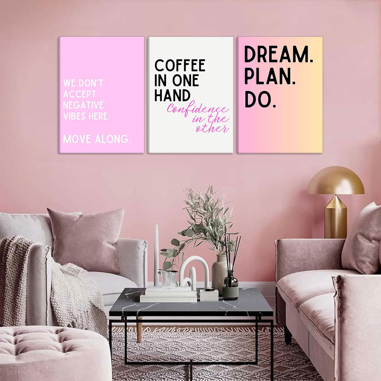 3 lienzos motivacionales femeninos rosados para pared, arte inspirador para la oficina, decoración de pared, imágenes con texto en inglés "We Don't Accept Negative Vibes Here Move Along", pósteres