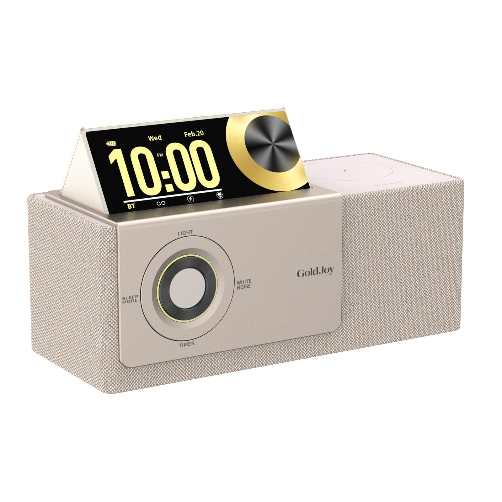 GoldJoy 7-in-1 Bluetooth Speaker Wireless Charging Station, Smart Flip-Up LCD Display Clock Syncs Phone's Time and Date, Sunset Lamp & White Noise for Sleep, 4000mAh Battery for Home, Outdoors-image-23