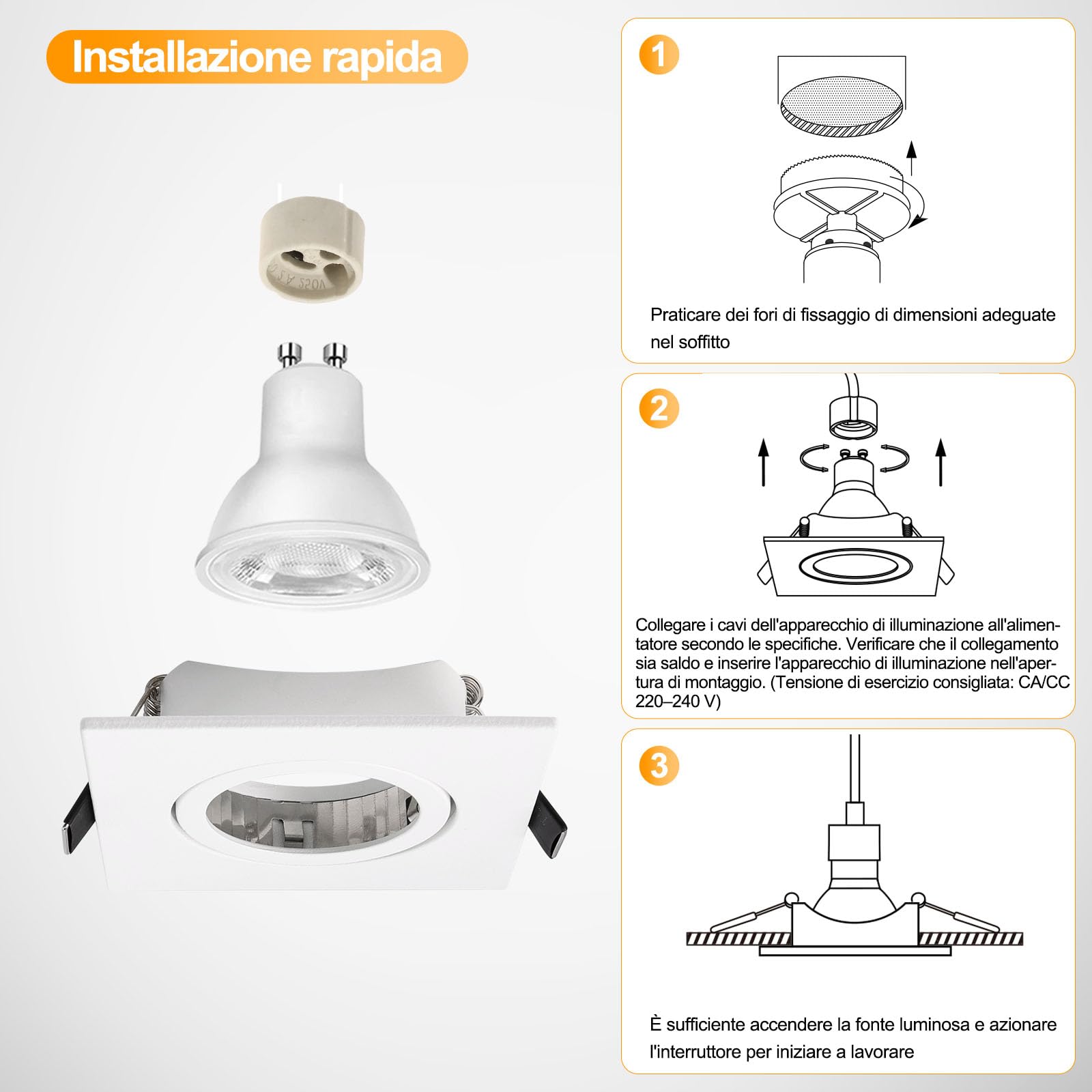 KYOTECH Cornice Faretto Incasso GU10 Orientabile Portafaretto da Incasso Bianco,Per GU10, alogeno e MR16, Faretti led da incasso per cartongesso incl. portalampada,Set da 6 (Quadrata)