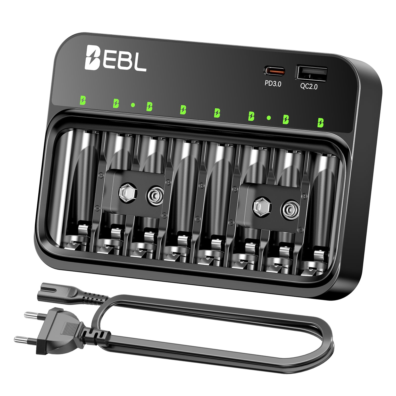 EBL Caricabatterie per batterie AA AAA 9V, 8 slot caricatore indipendenti, ingresso USB-C PD3.0 & Micro USB, caricatore rapido