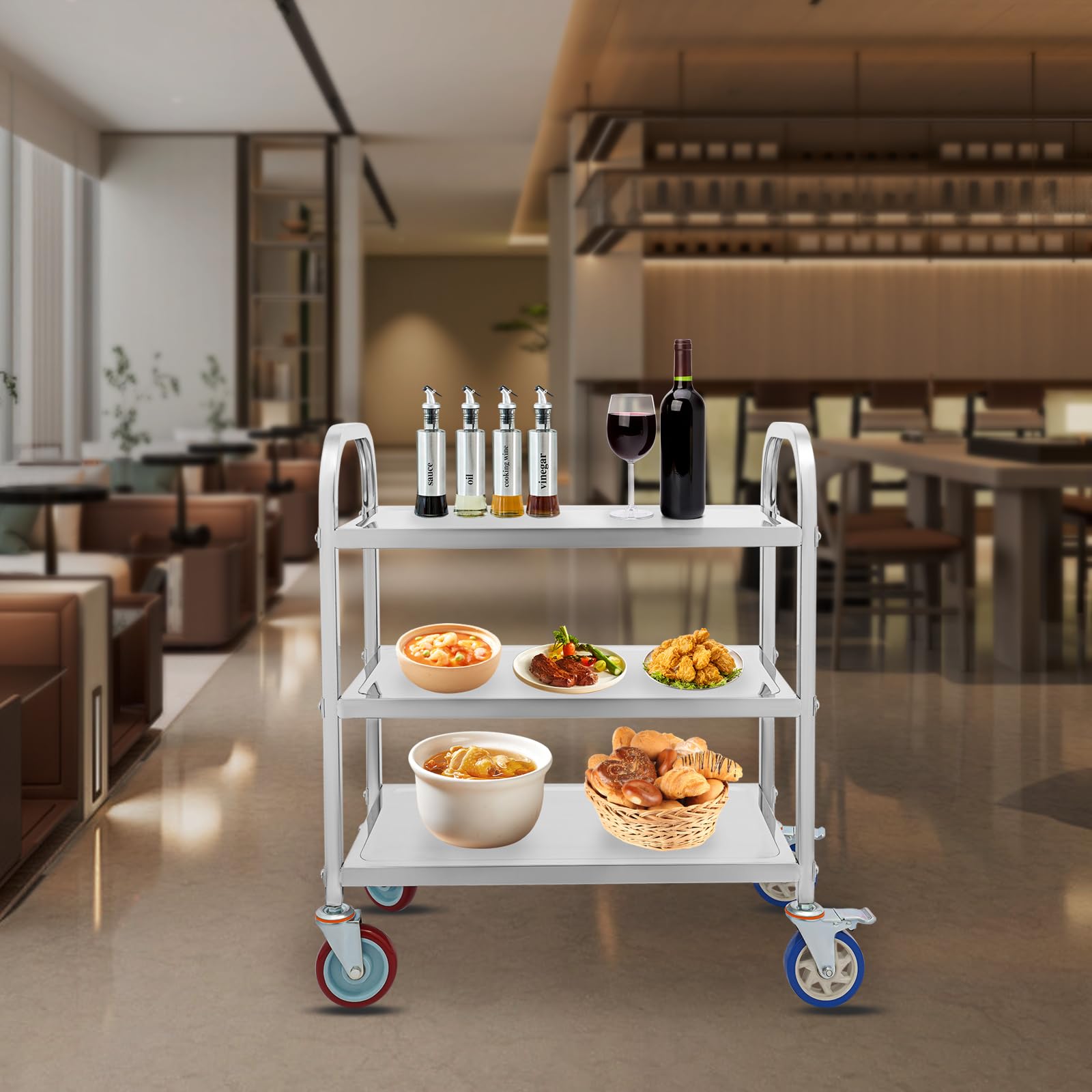 OUKANING Carro de cocina de acero inoxidable con 3 estantes, carro de servicio de alta capacidad de carga y ruedas silenciosas, isla de cocina móvil y estante de cocina para microondas, cocina
