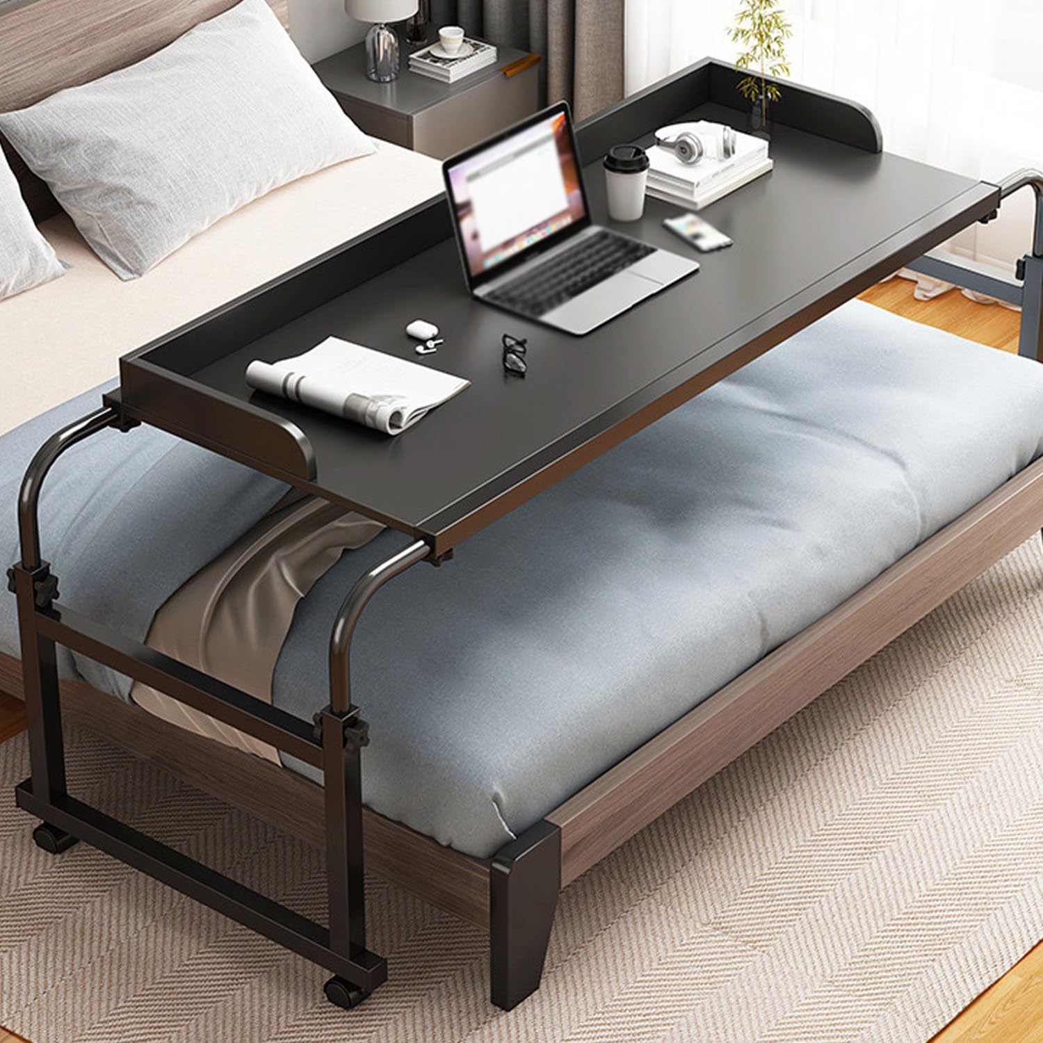 Table De Lit sur roulettes，Table De Lit Medical Simple Table Médicalisée pour Lit Bureau A Roulette pour Lit Cat Bed for Desk Table D'appoint à roulettes pour Lit Et Canapé(Color:Noir+)