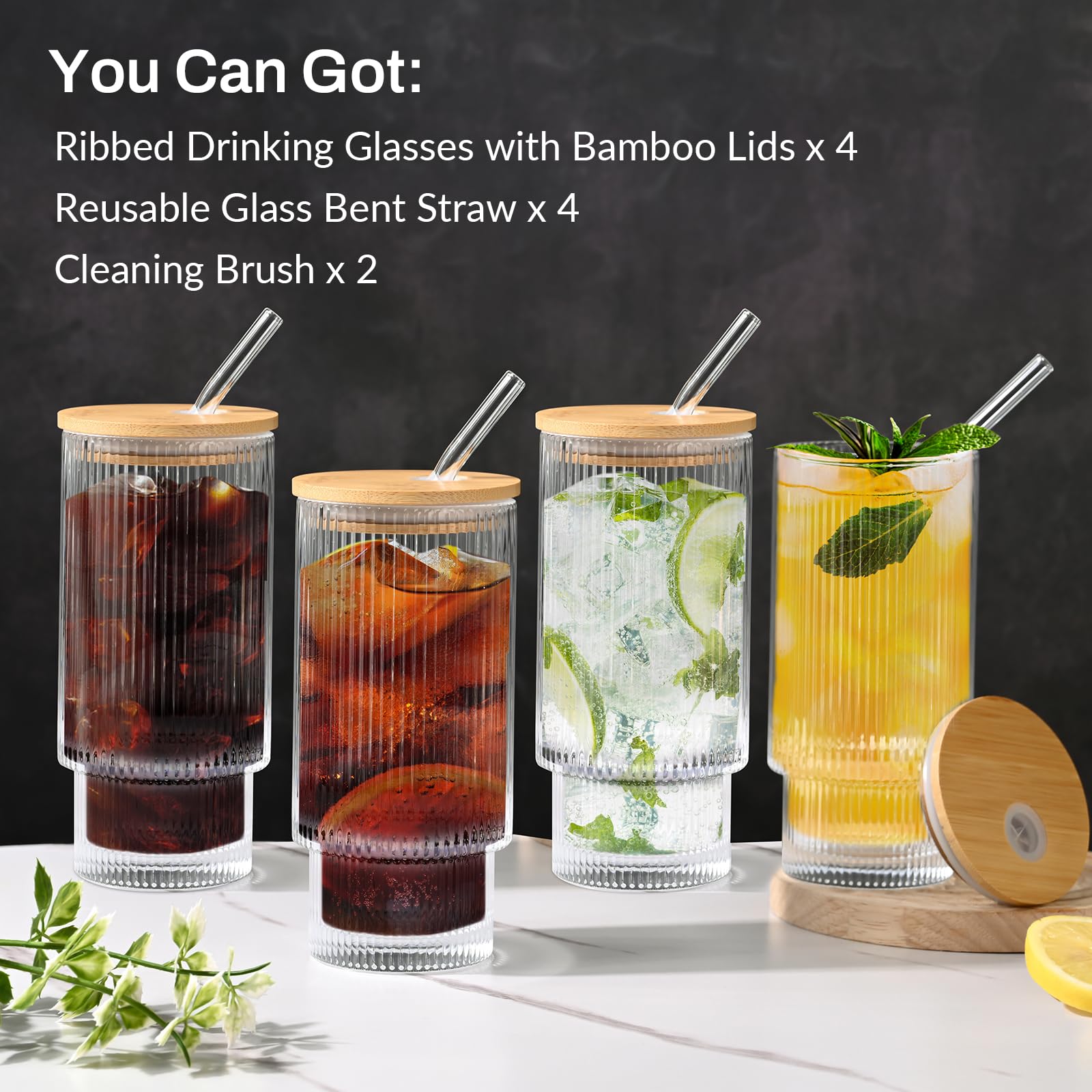 Vasos de vidrio de 16 onzas con tapas y popotes, tazas de café helado con tapa (6 vasos, 6 tapas y 6 popotes)