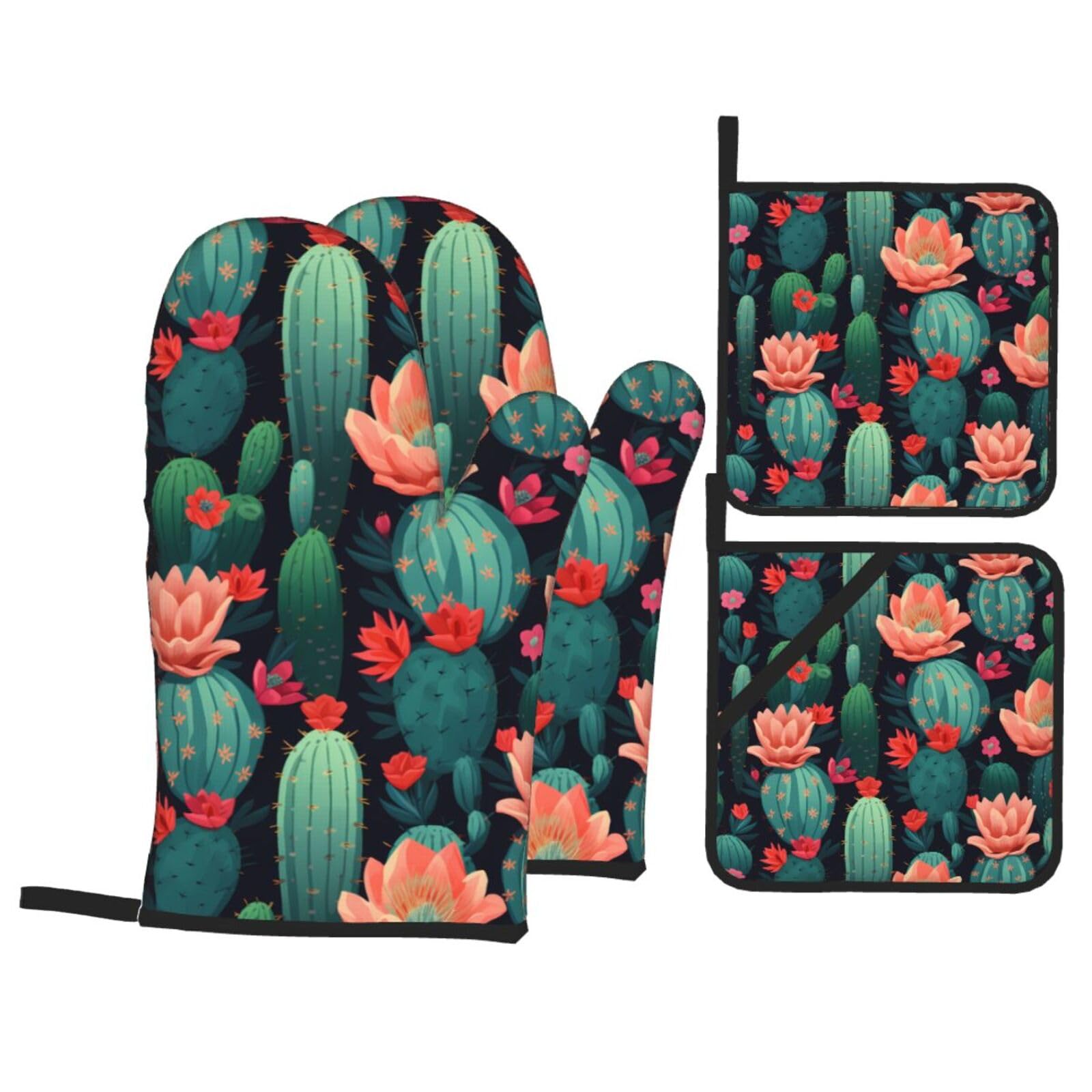HJFCZH Blooming Cactus Picture Kitchen Baking Set of 4 Thick Insulated Oven Mitt & Pot Holders, Anti-Scalding for Microwave, Oven, Outdoor BBQ