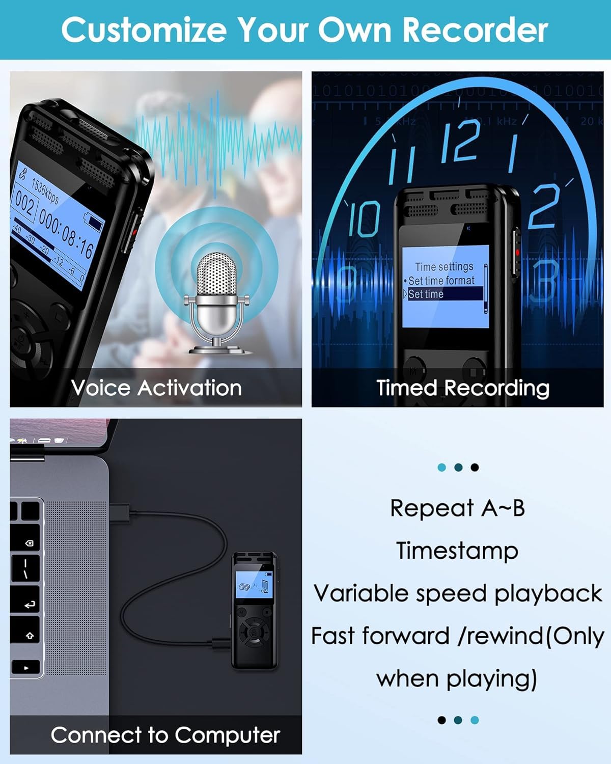 64GB Grabadora De Voz Digital con Reducción De Ruido, Estéreo HD 1536Kbps, Metálica, Activación por Voz, Reproducción Y Contraseña, Dispositivo para Entrevistas, Reuniones, Conferencias