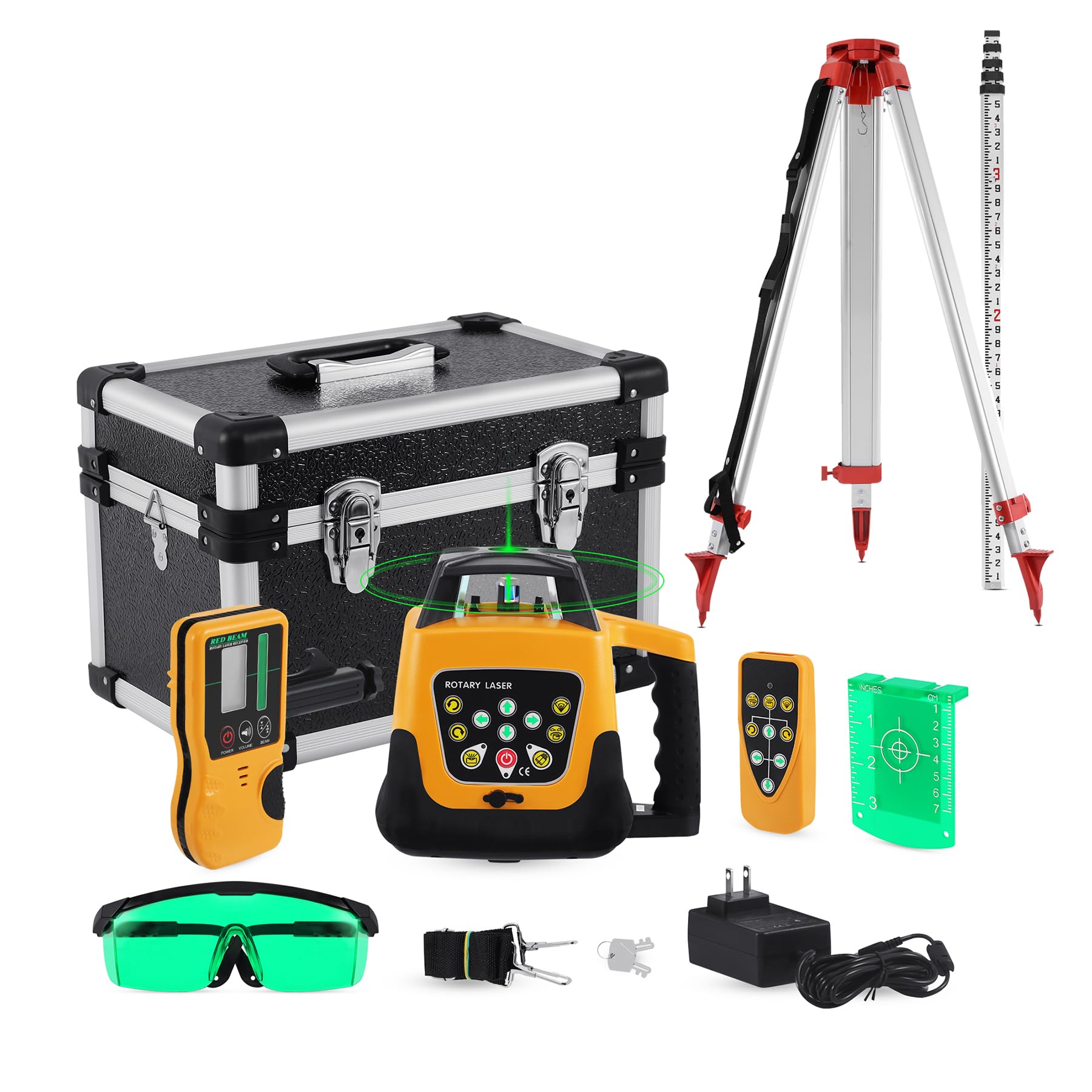 Niveau Laser Rotatif Kit de nivellement laser vert, faisceau vert de 500 m, nivellement laser rotatif automatique à 360° pour la construction, avec télécommande et mallette en aluminium