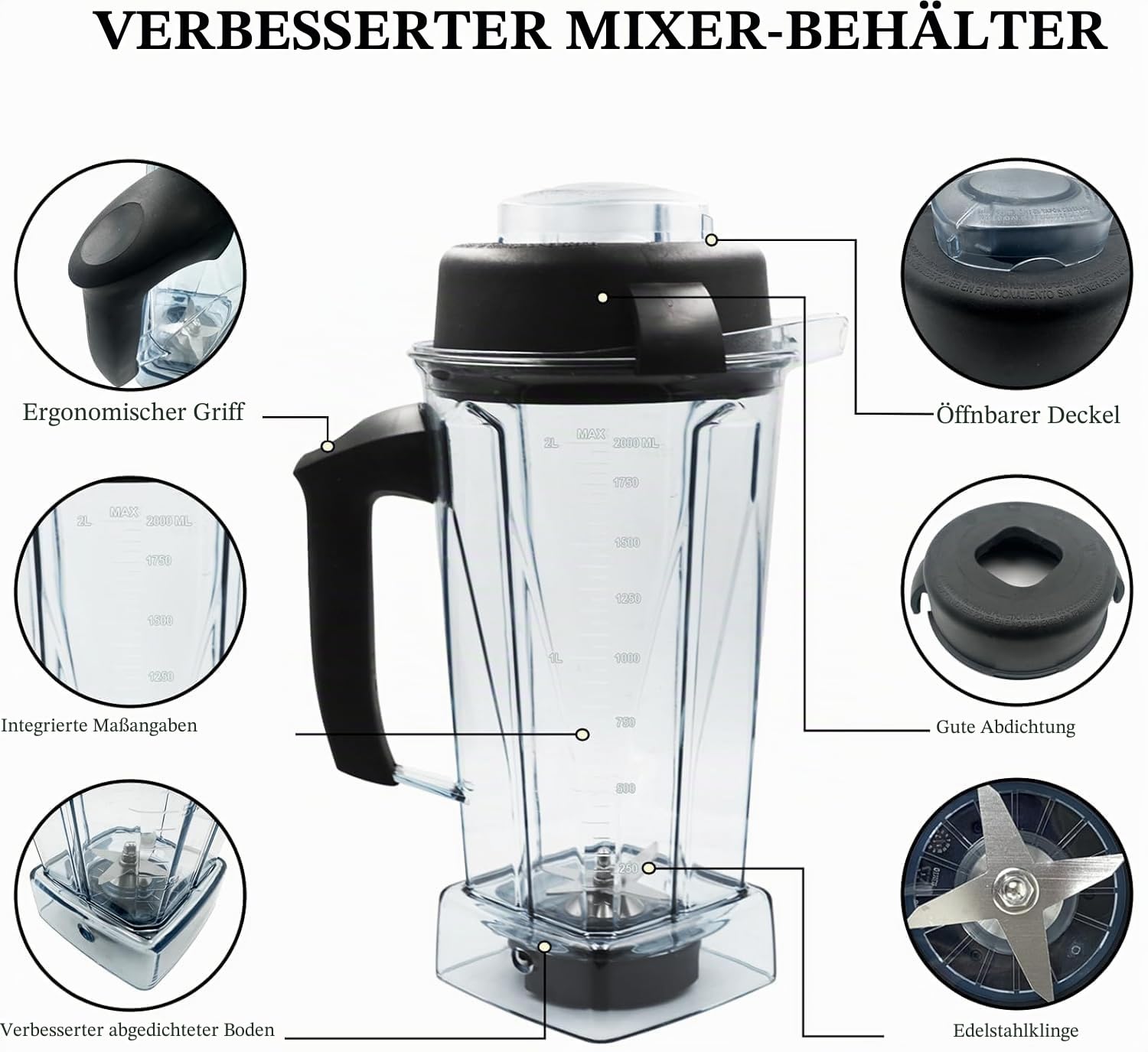 Aufgerüstet für Vitamix Mixer-Krug mit 1,8 l Fassungsvermögen, Ersatz für Vitamix 5200, 5000, 5300, 6300, VM0101, VM0103, VM0197 Classic/Explorian/Commercial Series etc