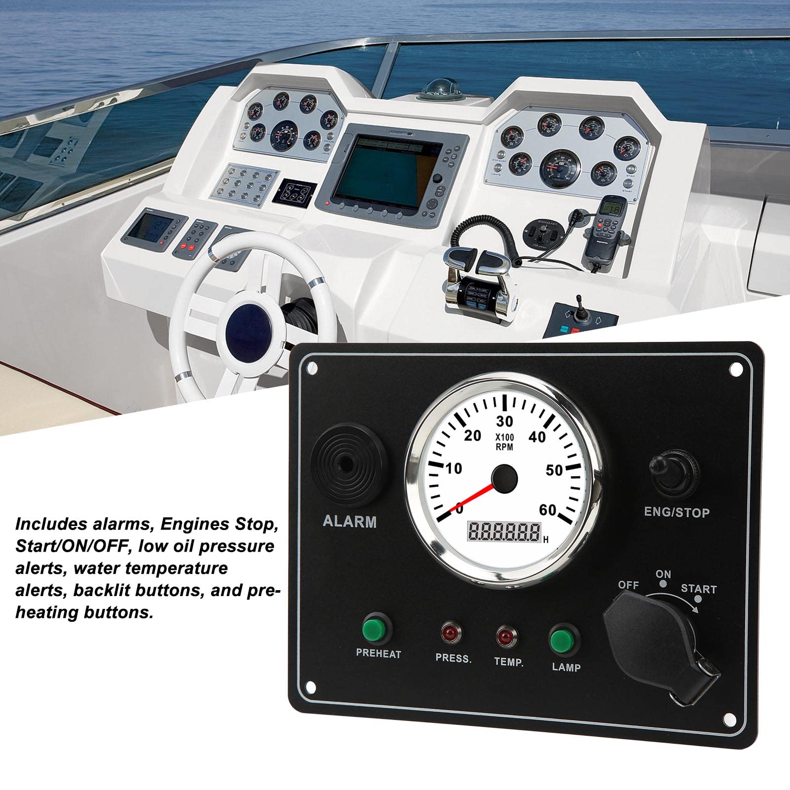 Motoranzeigetafel mit 6000 U/min Drehzahlmesser und Betriebsstundenzähler, 12-V-Marine-Instrumentenblock mit Öldruck- und Wassertemperaturalarmen, hintergrundbeleuchtetes (12V)