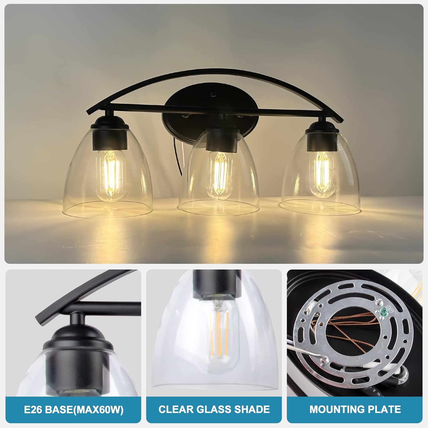 Lightdot Vanity Lights, 3 Light Bathroom Light Fixtures, Modern Vanity Light with Clear Glass Shade for Bathroom, White Bathroom Wall Lamp for Mirror Bedroom Living Room Kitchen Hallway Cabinet Porch