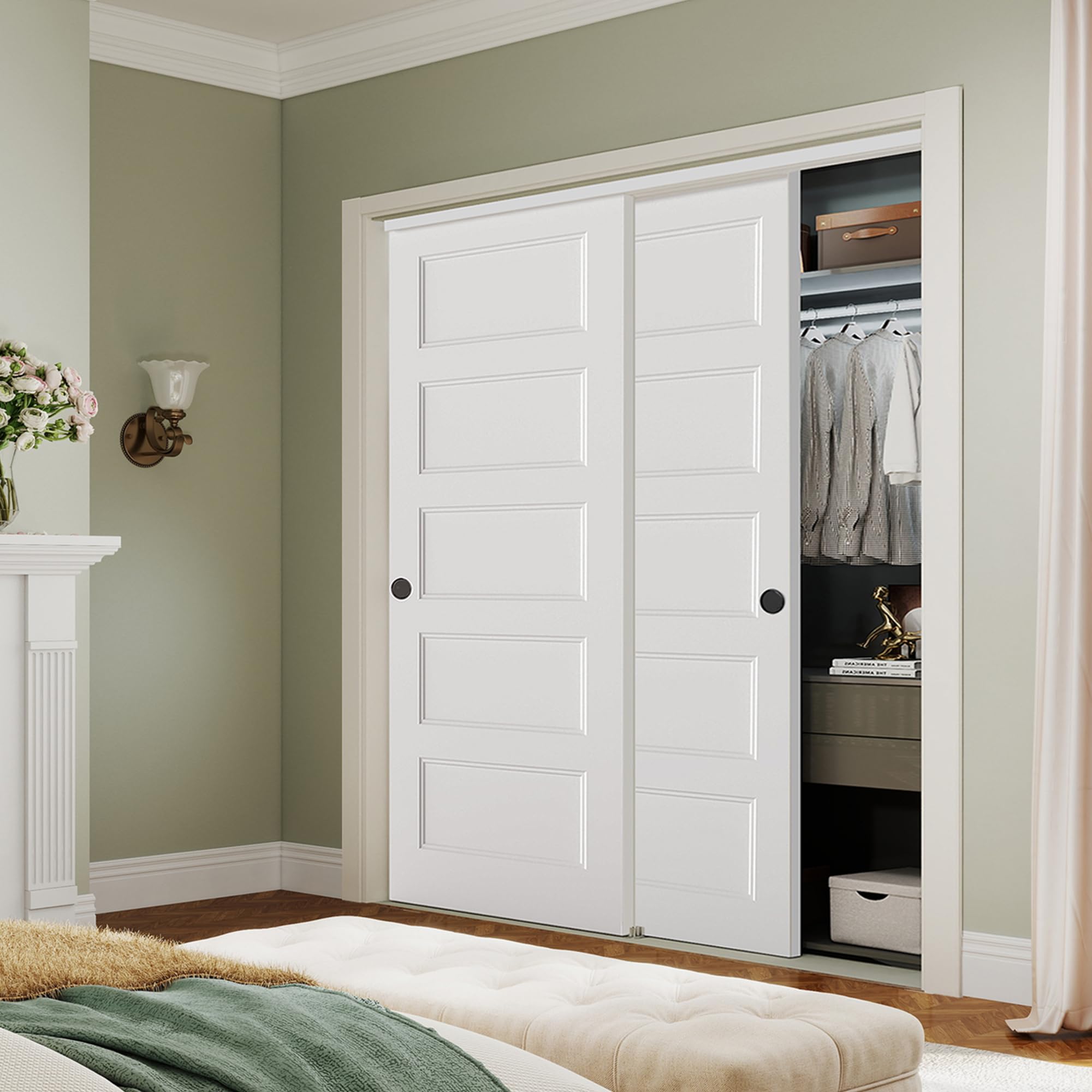 barnsmith 72x80 in 5-panel bypass sliding closet door, white primed door slab with bypass closet track hardware kits, paintable and lightweight