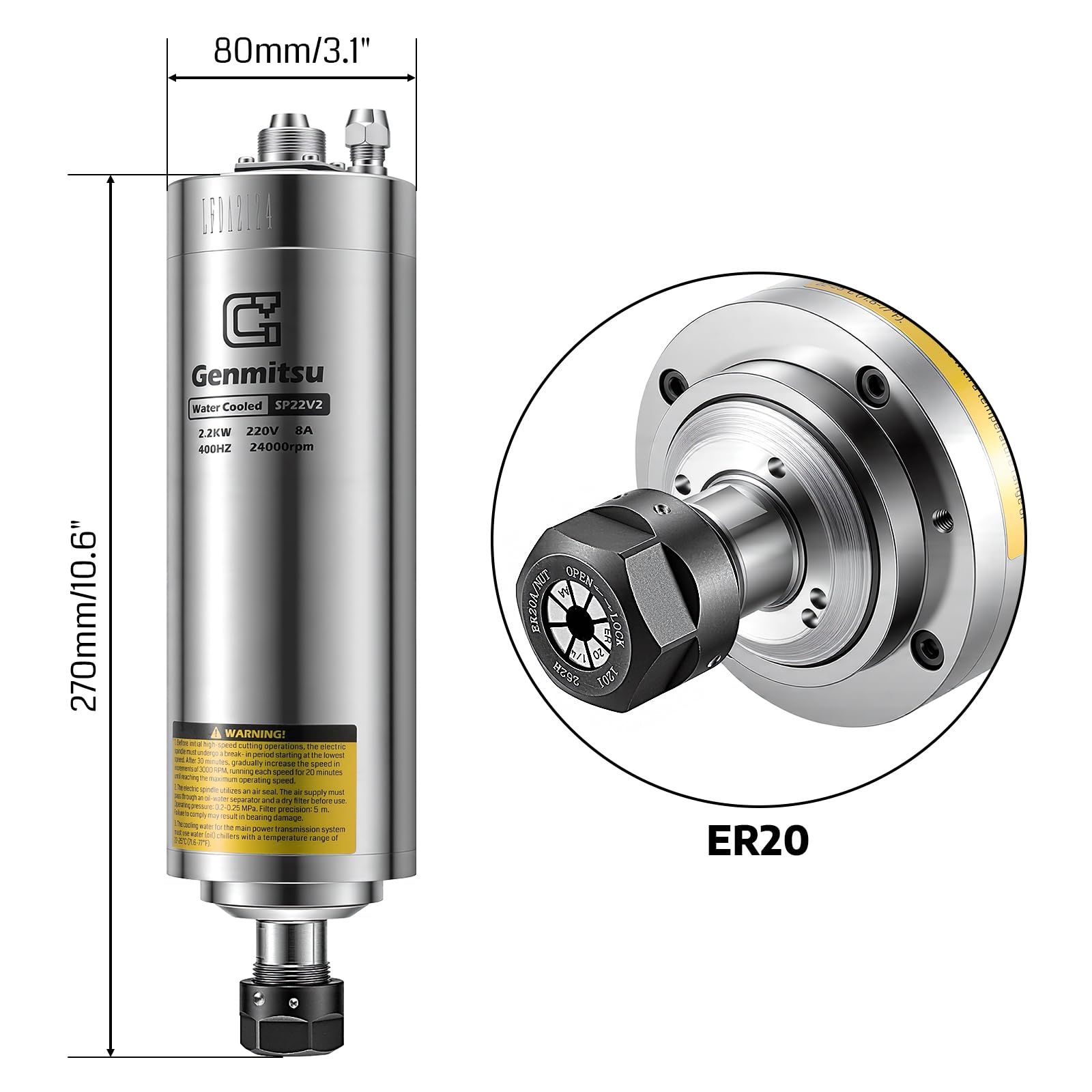 Genmitsu 2,2 kW CNC-Spindelmotor-Kit + Spindelmotorhalterung, 24.000 U/min, ER11-Spannzange mit vorverdrahtetem Frequenzumrichter und Pumpe für 4030V1/4030S/4030V2/2X2/4X4/6050
