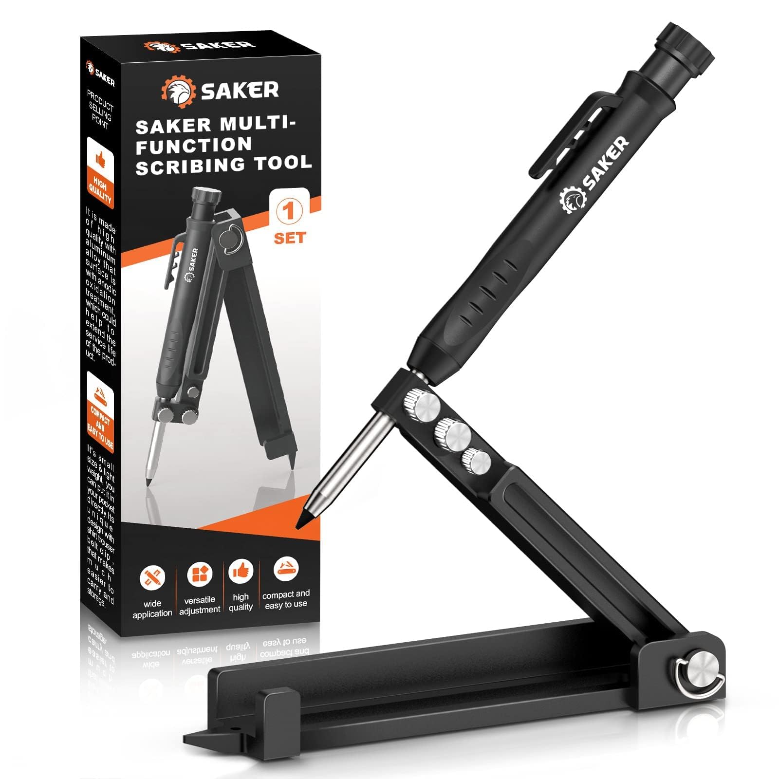 KASTWAVE Multi-function Scribing Tool, Deep Hole Construction Pencil, Aluminum Alloy Scribe Tool with Deep Hole Pencil, DIY Woodworking Scribe Gauge Scriber Line Maker Measuring Tool (Black)