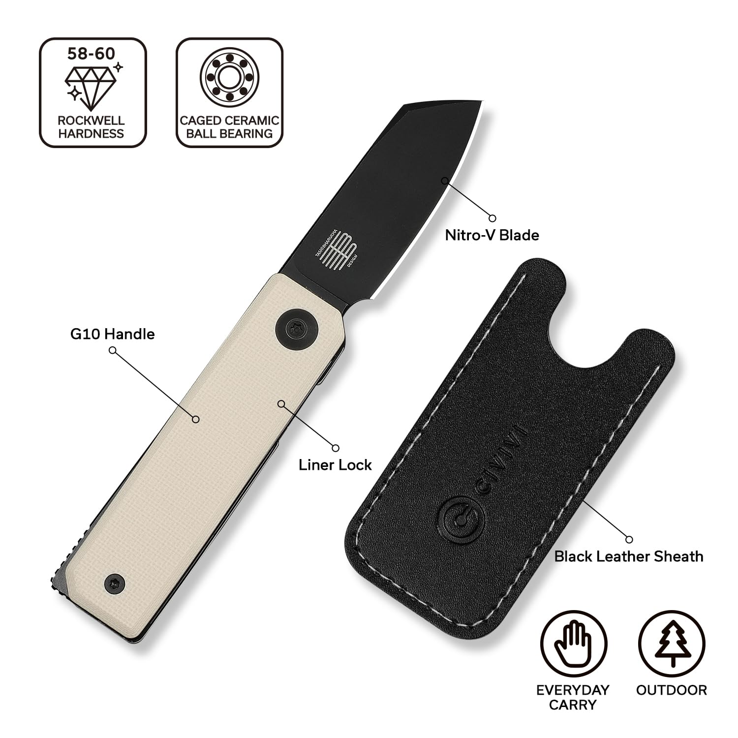 CIVIVI Mini Kukei Pocket Knife, Folding Knife 5.12 CM Nitro-V Blade G10 Handle, EDC Knife with Leather Sheath, Front Flipper Opener C25036-3(Ivory)