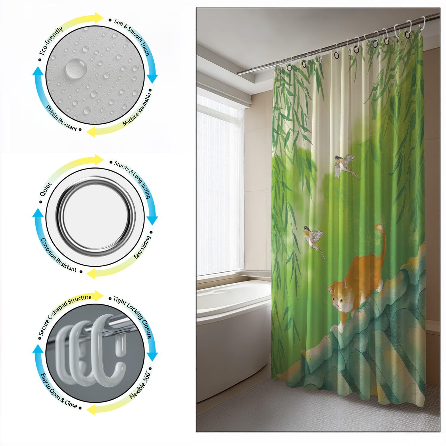 Genérico Zasłona prysznicowa 240 x 200 cm, 1 sztuka, miękka mikrofibra, wodoodporna i odporna na pleśń, zmywalna, do łazienki lub wanny, z oczkami i haczykami, zielony, kreskówka szczęśliwy kot