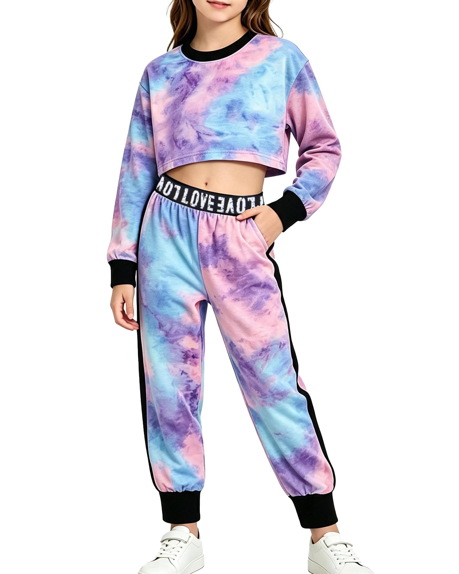 Betusline Girls Sweatsuit, Long Sleeve Crop Top Jogger Pants, 4T-14Y