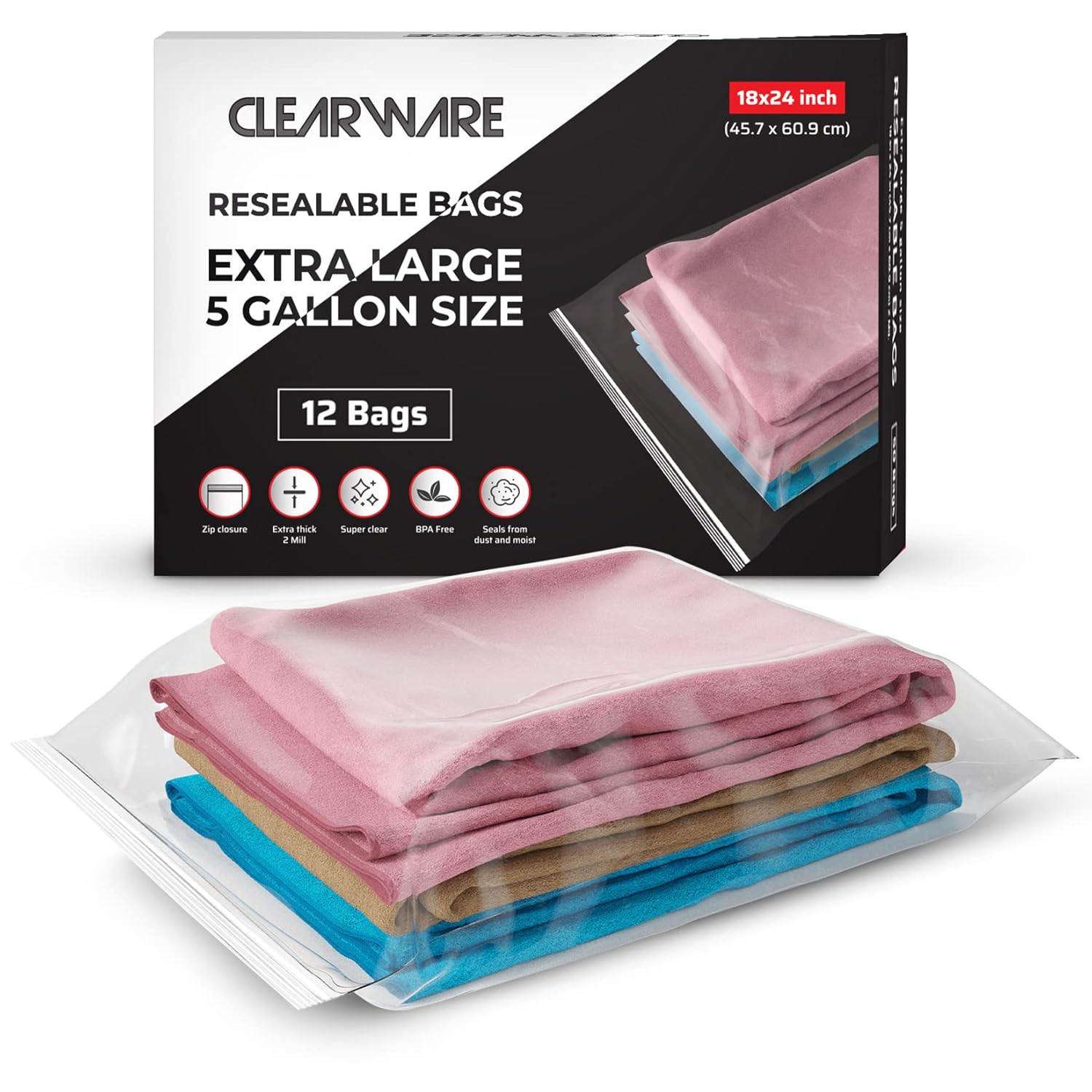 Clearware 12 Resealable Plastic Bags 5 Gallon 18" x 24" Large Size