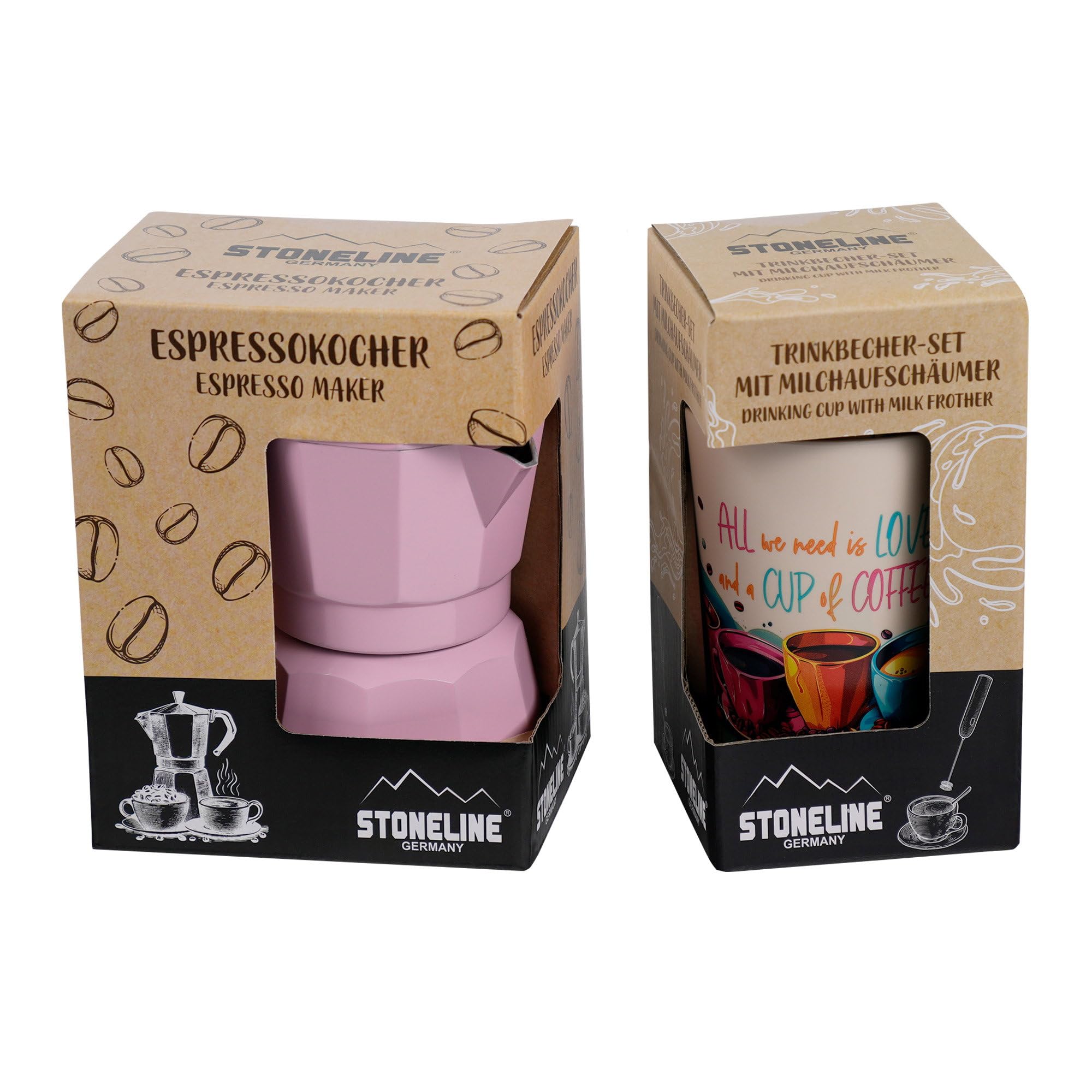 STONELINE Cafetera Italiana Inducción 4 Tazas 170 ml, Cafetera Espresso Moka de Aluminio Fundido, para Todo Tipo de Cocinas incluida Inducción, Juego Café Exprés con Vasos y Espumador, Rosa