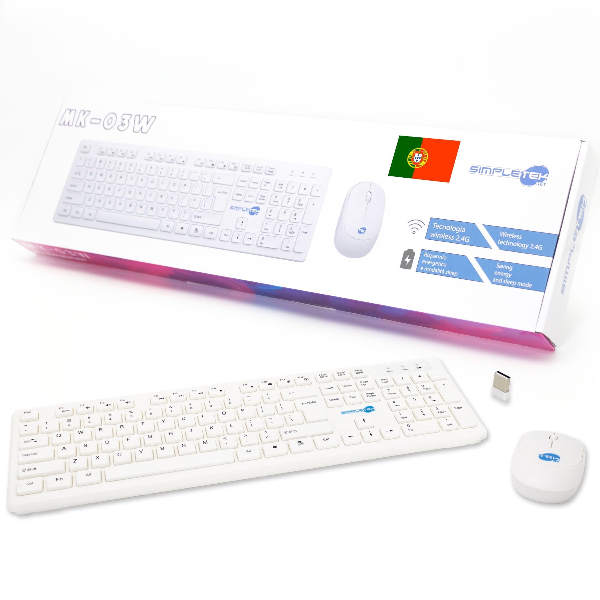 Simpletek - Kit muis & toetsenbord draadloos 2.4G Portugees PT lay-out | Portugees QWERTY-toetsenbord met numeriek toetsenblok Ergonomische muis 3 toetsen USB- ontvanger