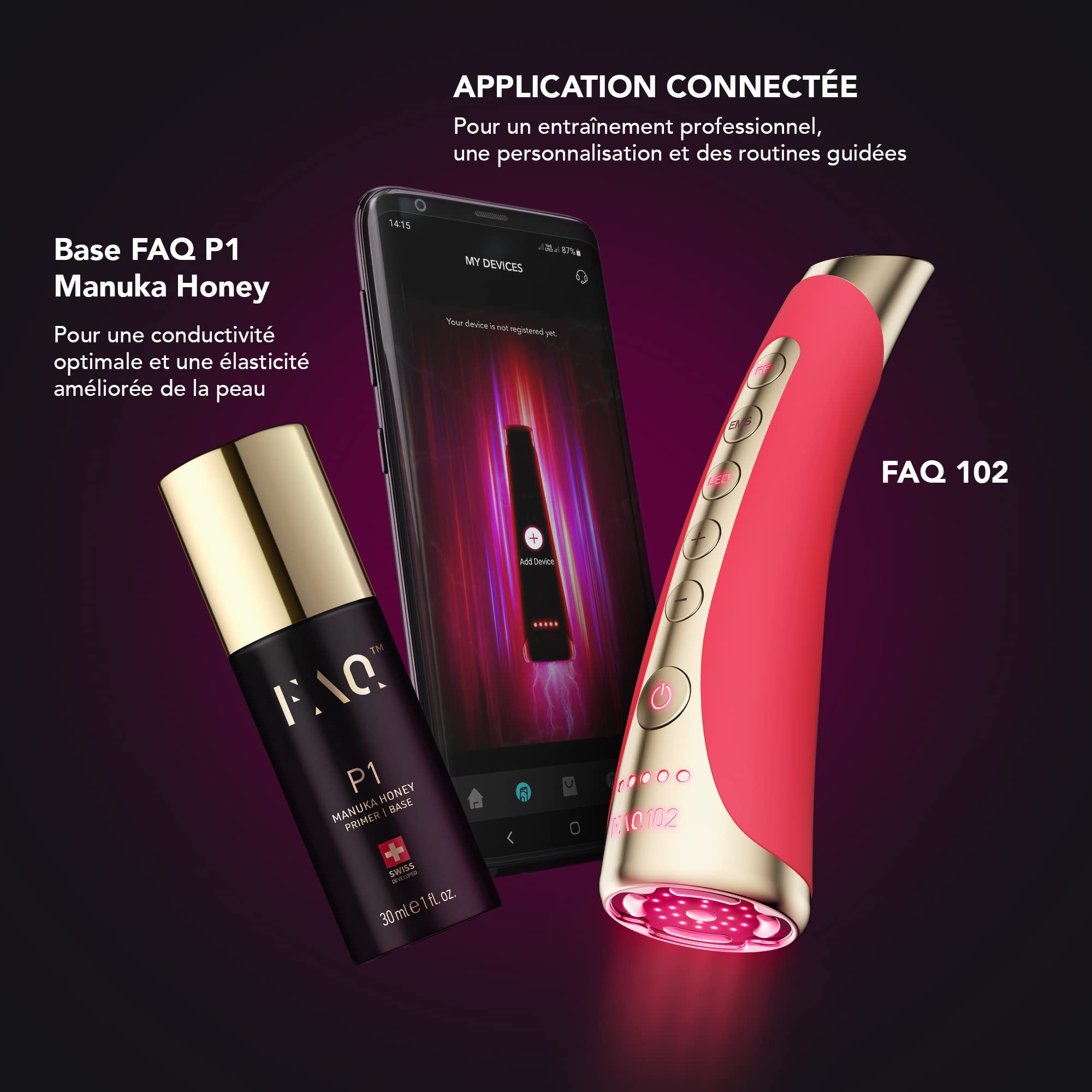 FAQ 102 Appareil Visage EMS, RF & 8 LED - Massage Lumière Rouge, Pink Ruby