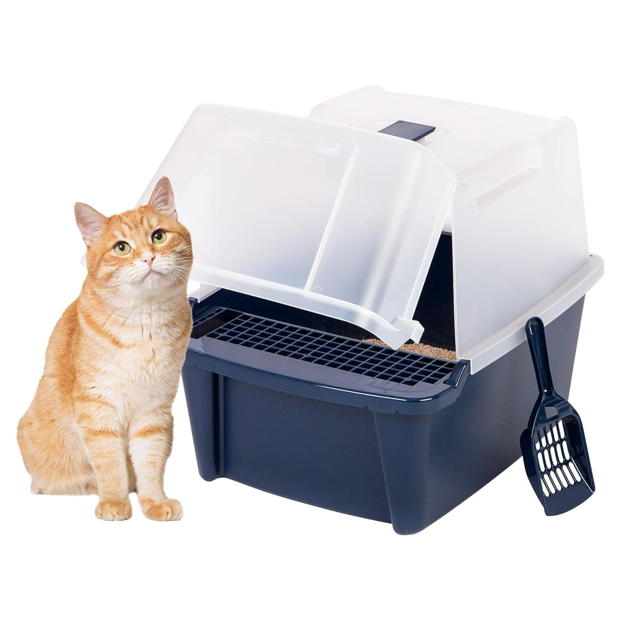 IRIS USA Cat Litter Box, Litter Box Enclosure with Scoop, Split Hood and Front Door Flap, Covered Kitty Litter Box for Privacy, Portable, Easy to Clean, Navy