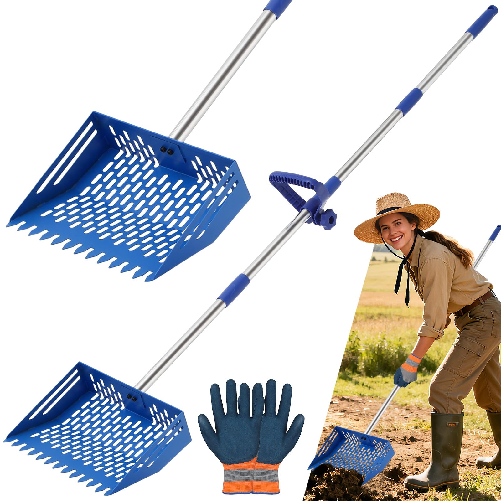 Szufelka i grabie 2 w 1, łopatka do przesiewania piasku 25 cm, z regulowanym uchwytem ze stali nierdzewnej od 94 cm do 165 cm, narzędzia do czyszczenia ściółki z rękawiczkami do kurników, zwierząt