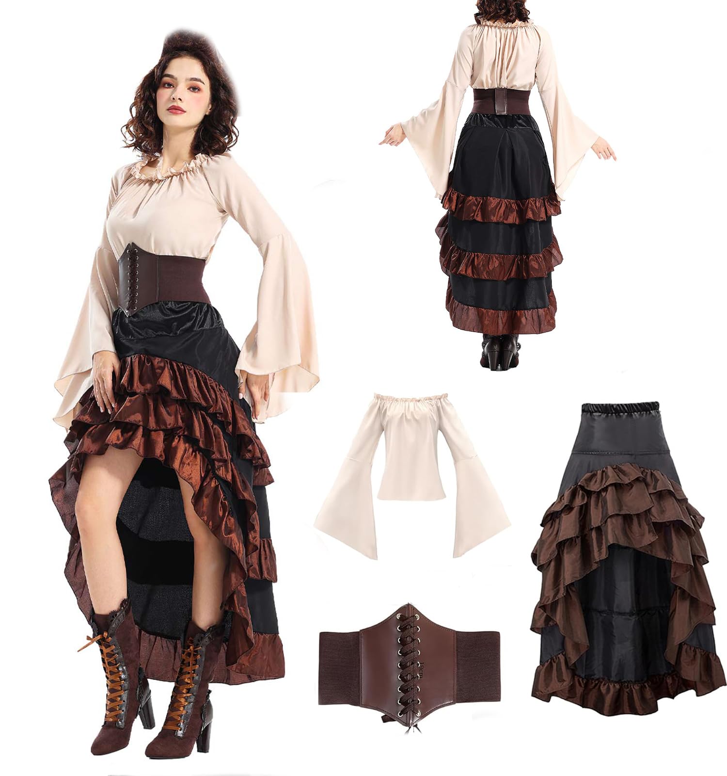 helymore Disfraz de pirata medieval con falda sexy renacentista, corsé de cintura, cinturón de Halloween, carnaval, fiesta, traje de mujer