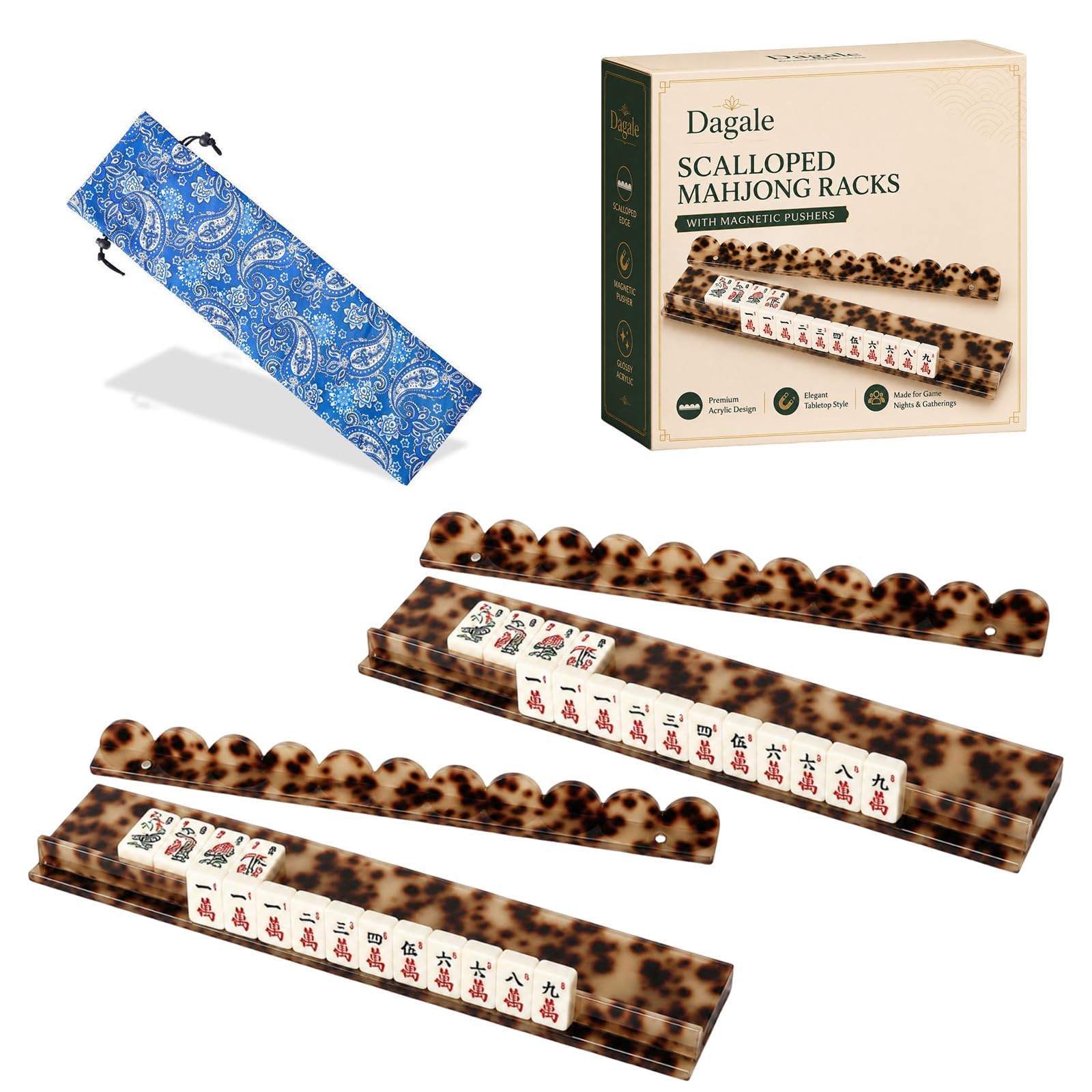 Scalloped Mahjong Racks with Magnetic Pushers, Acrylic, Tortoise and Shell Style, Set of 4, Two Size Options 44.5 cm/50.8 cm, for American Mahjong (2 Pcs Beige Tortoise, 17.5") โ image 1