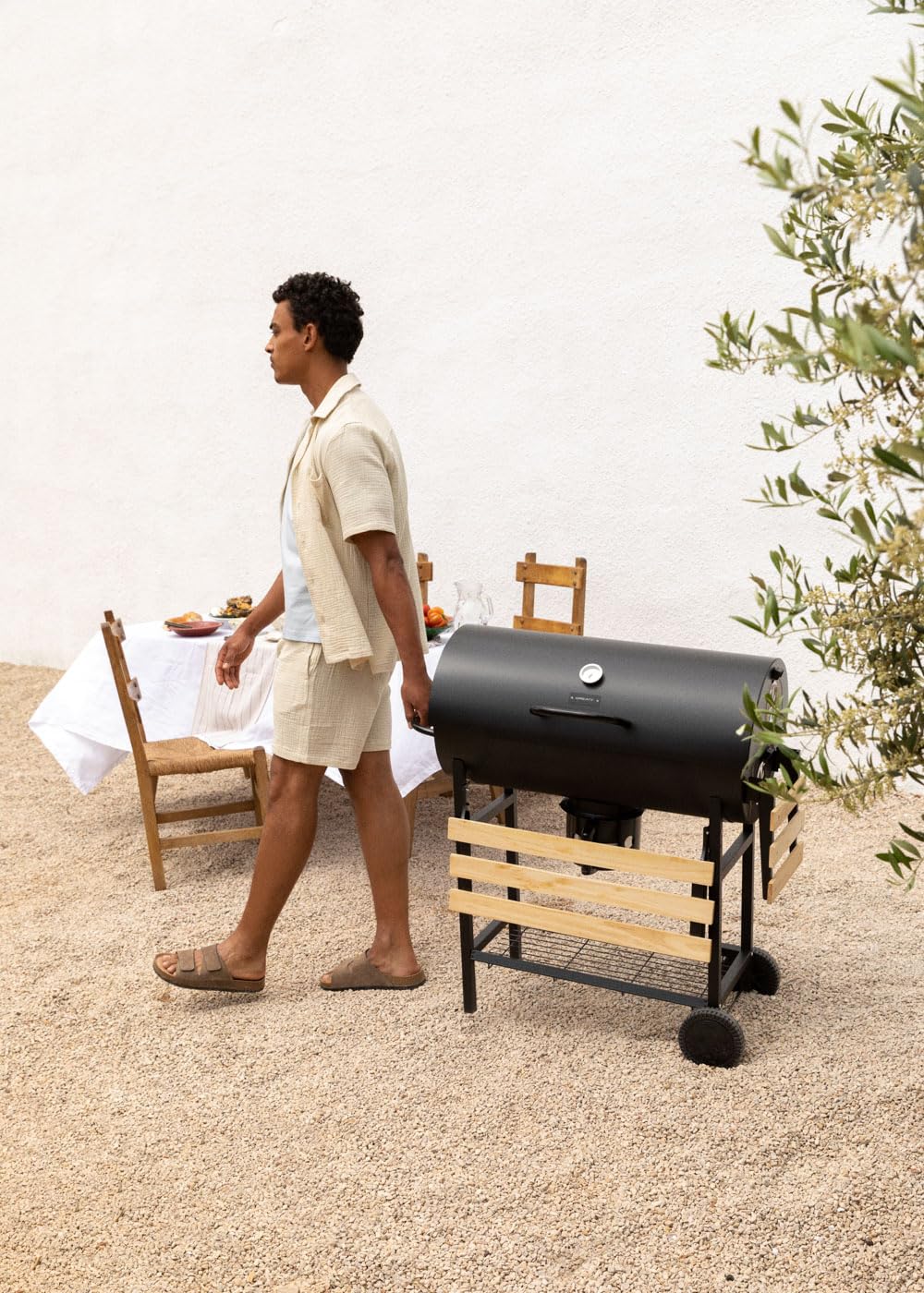 CREATE/BBQ SMOKEY/Barbacoa ahumadora de carbón con ruedas negro/De acero inoxidable, parrilla superior, control de temperatura, bandeja frontral y lateral, fácil de transportar
