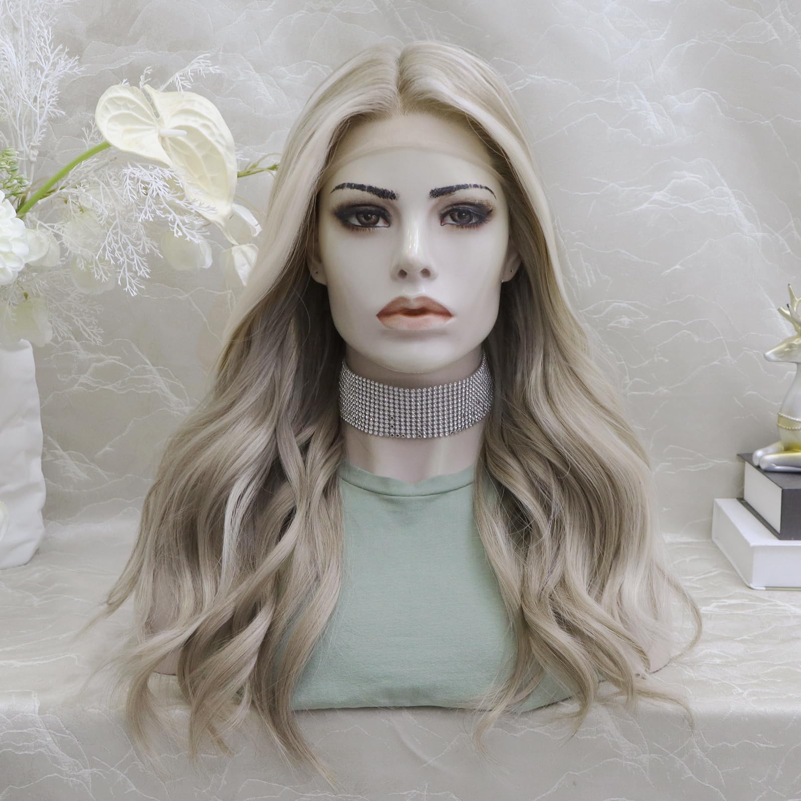 IMSTYLE Ash Blonde Highlight T-Part Lace Front Wig, 22 Inch Long Wavy Synthetic Hair with Softly Blended Roots, Adjustable Cap As Blonde