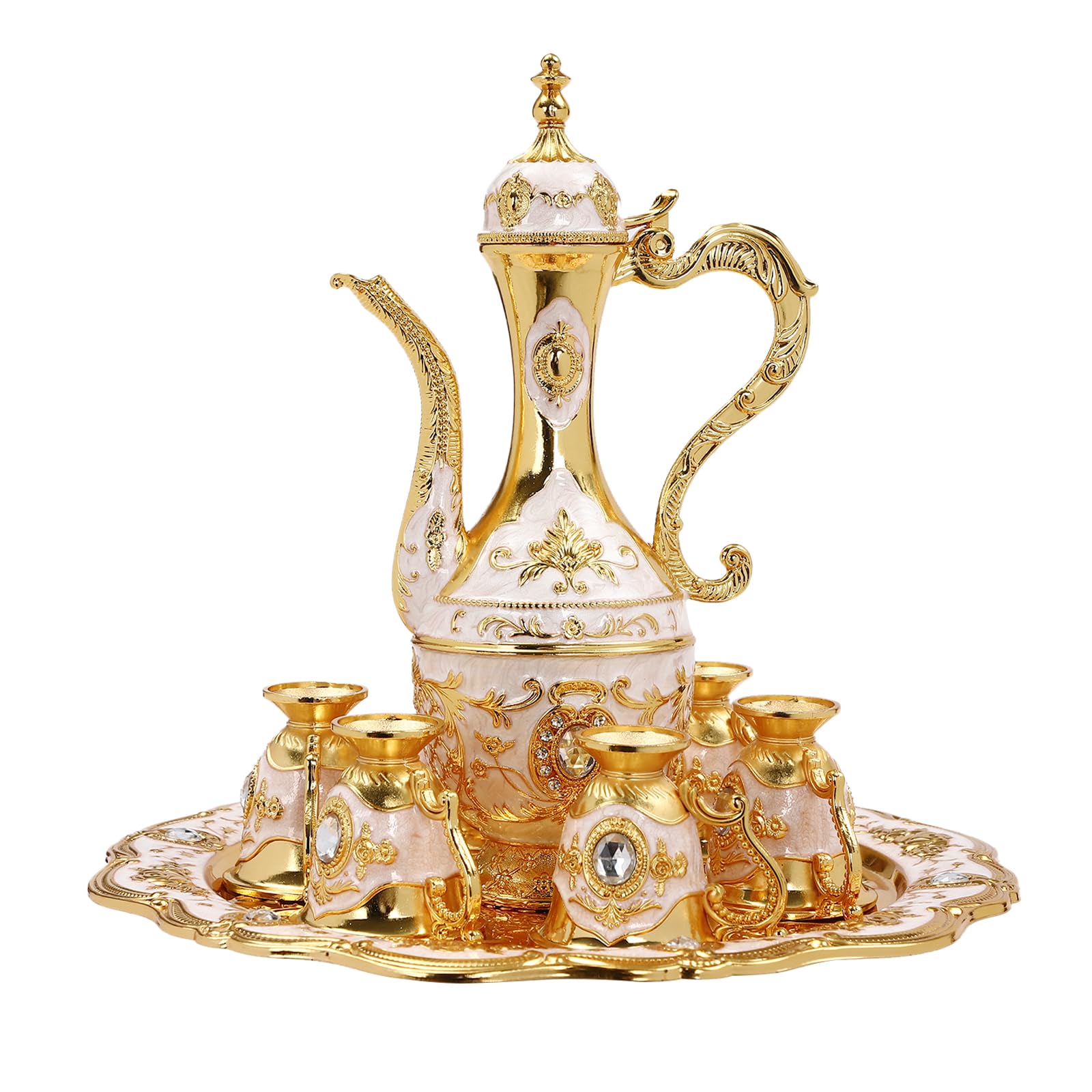 Turkish Tea Sets, Small Vintage Turkish Coffee Pot Set, Turkish Tea Set with 6 Coffee Cups&Tea Tray Luxury Turkish Teapot Set, for Home Decor Birthday Christmas Housewarming Wedding (Gold White)
