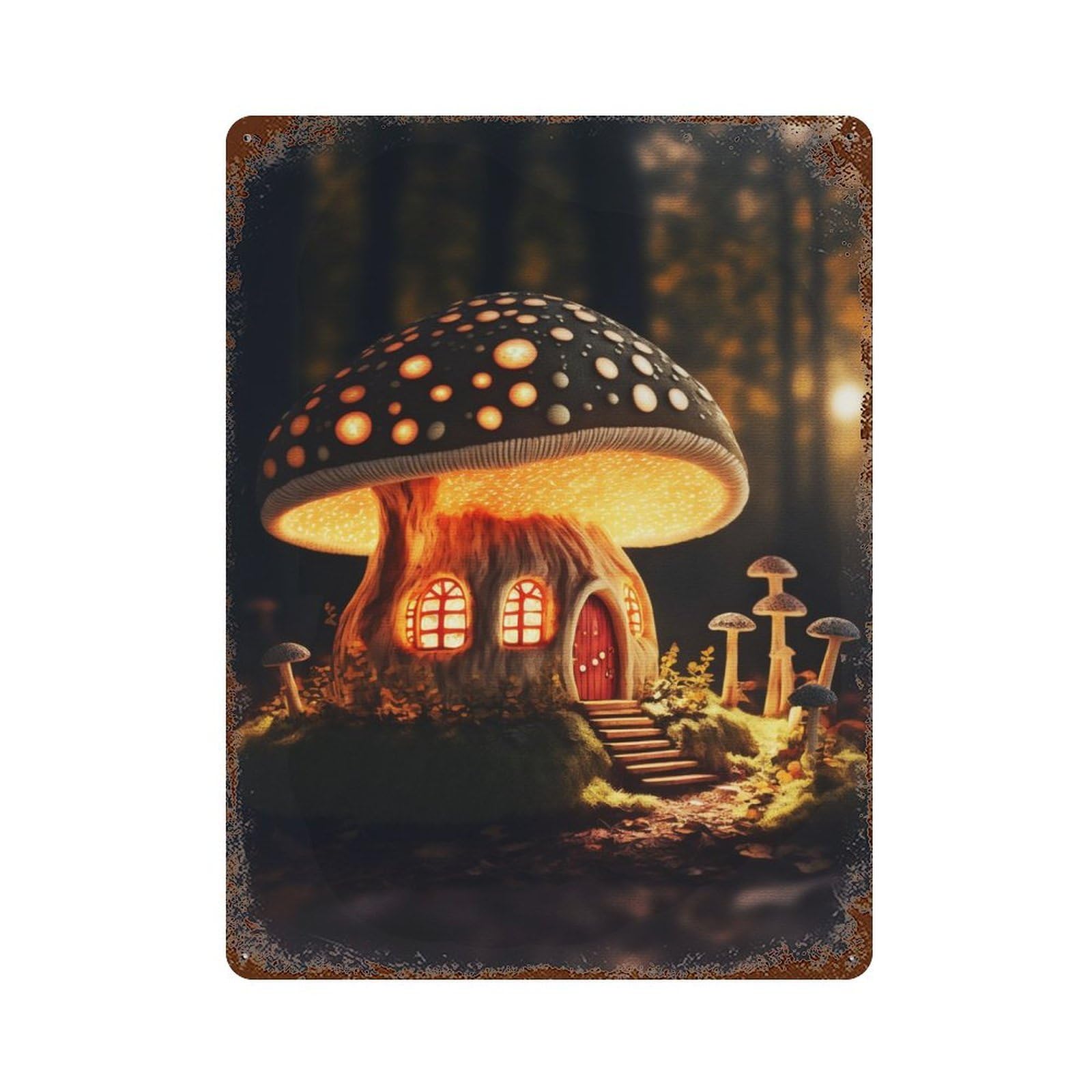 Garage Style Mushroom House Rusty Metal Tin Sign 15.7"x11.8", Industrial Home Decor for Bar And Workshop