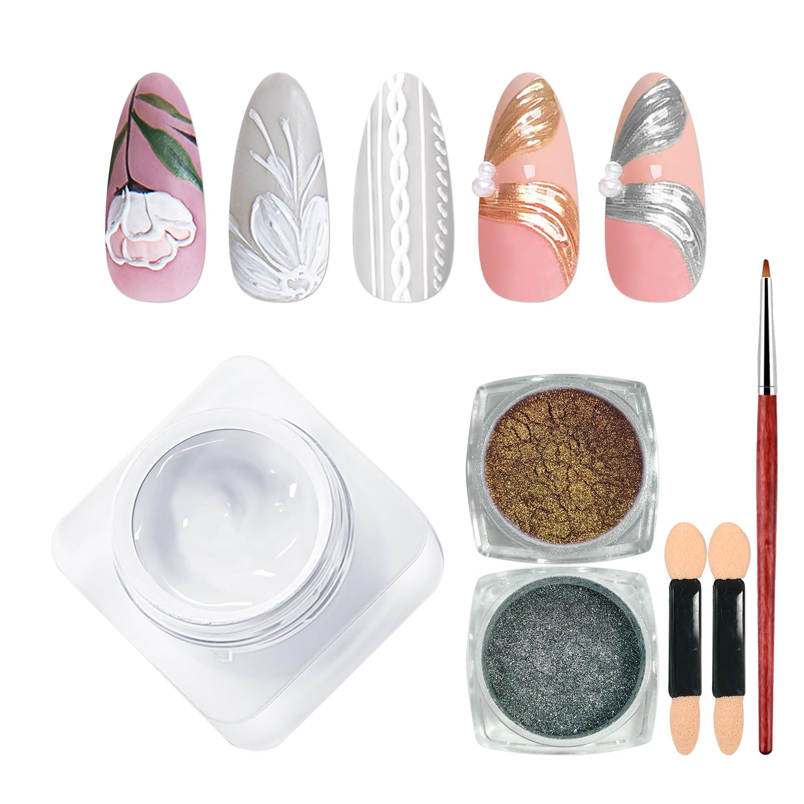 U-Shinein Mirco Sculpture Painting Nail Gel with Chrome Nail Powder, 3D White Painting Carved Nail Gel, Metallic Mirror Effect, Creative Molding Gel