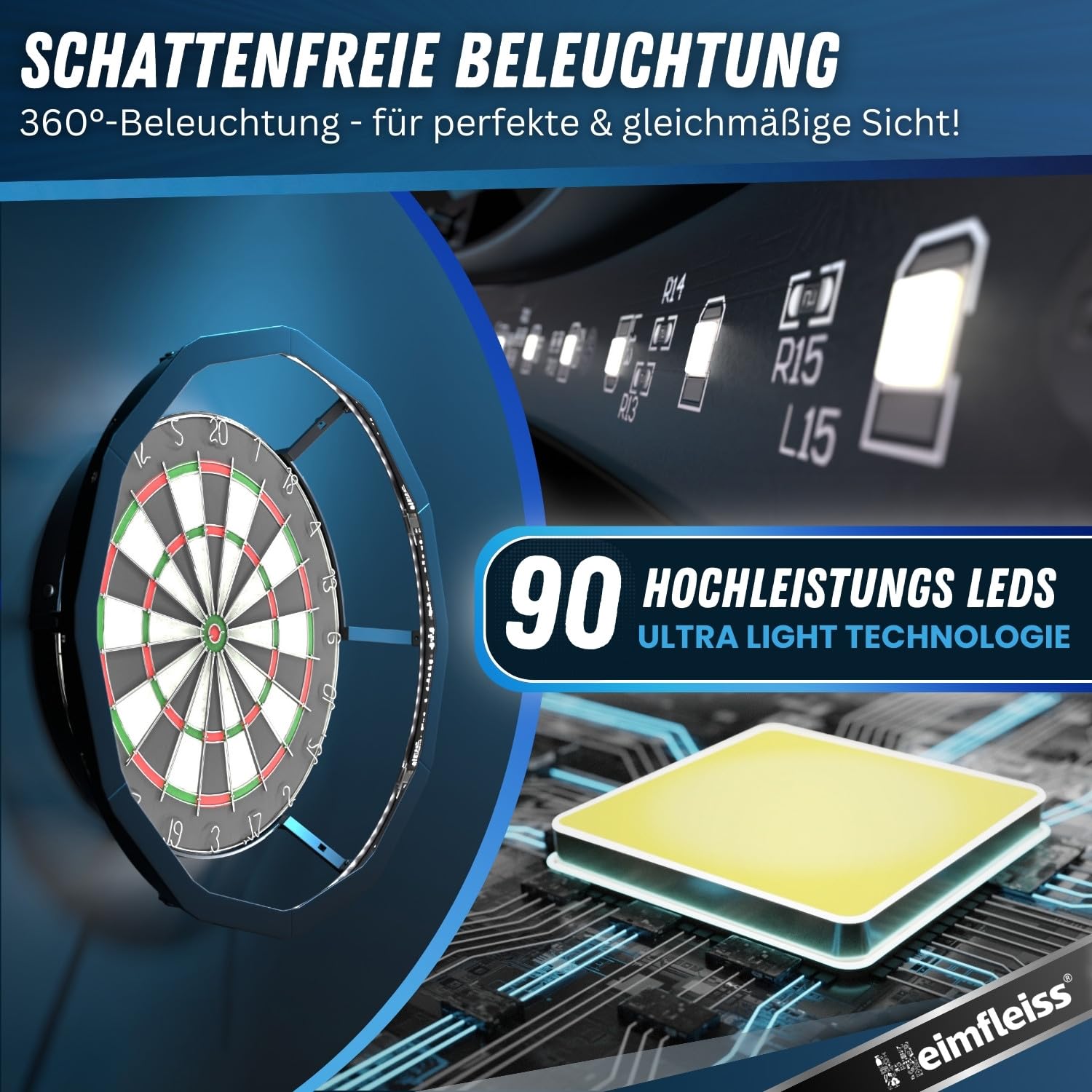 Heimfleiss® 360° Dart Beleuchtung | Blendfreie Dartscheibe Beleuchtung mit Ultra-Light-LEDs | Dart Lichtring + Schaft Entferner & Spitzer | Dartboard Beleuchtung | LED Darts Licht