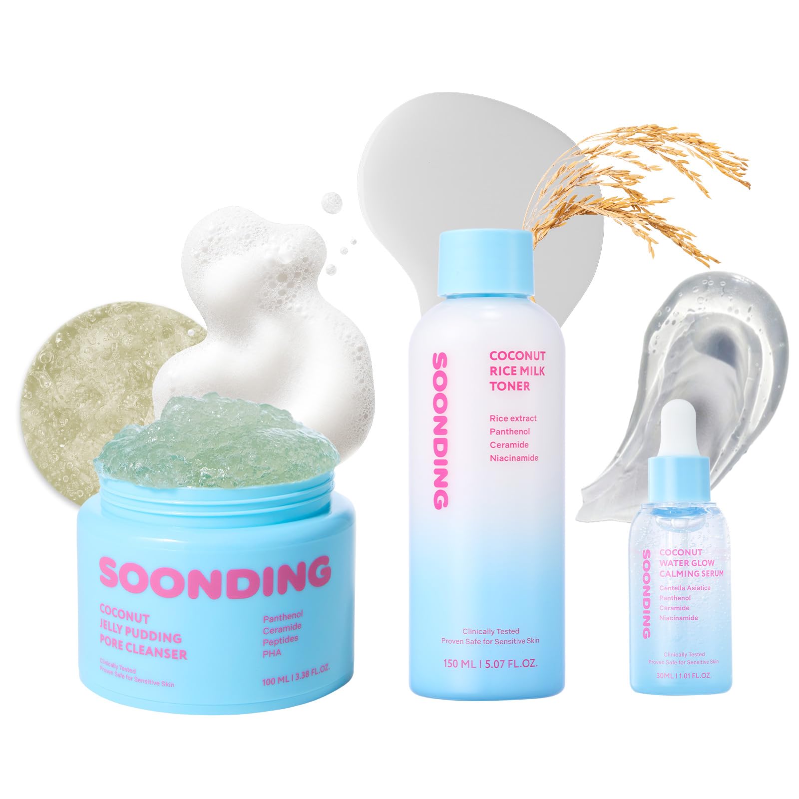 SOONDING Coconut Korean Glass Skincare Triple Set - Coconut Jelly Pudding Pore Cleanser, Rice Milk Toner, Water Glow Calming Serum