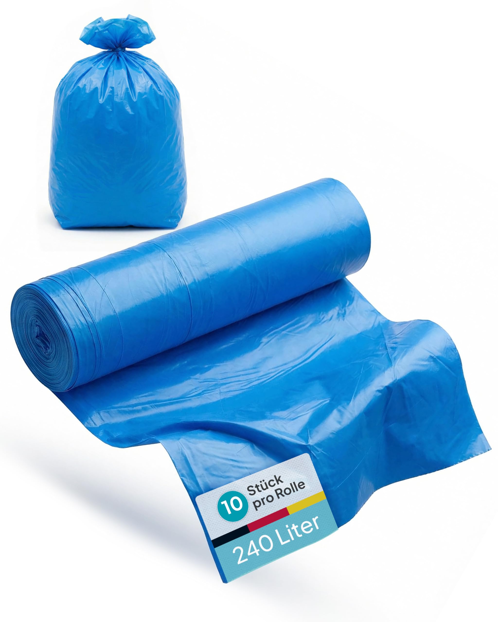 Commerline Bolsas de basura de 240 l, 10 rollos (100 unidades), color azul, 125 x 100 cm, resistentes a roturas y a prueba de fugas, para el hogar, oficina, comercio y gastronomía