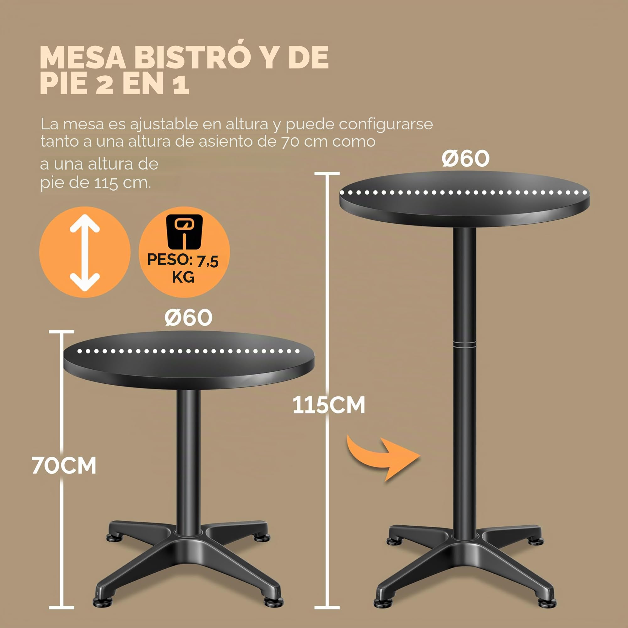 CASARIA® Mesa de Bar Alta Plegable, Mesita Auxiliar, Altura Regulable 70cm/115cm, 2en1, Mesas Redondas, Eventos Cocina Fiestas, Acero INOX. Ø 60cm Negro