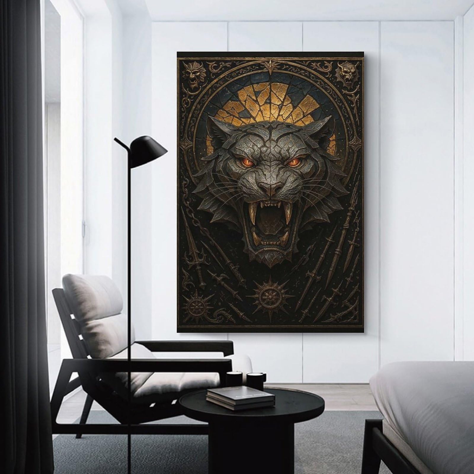 Junmoney Wall Art Print Roaring Tiger – Gothic Metal Fantasy Beast, 24x36inch(60x90cm), for Bedroom Decor, Cosy Corners Or Studios, Decorative Wall Art for Cosy Rooms