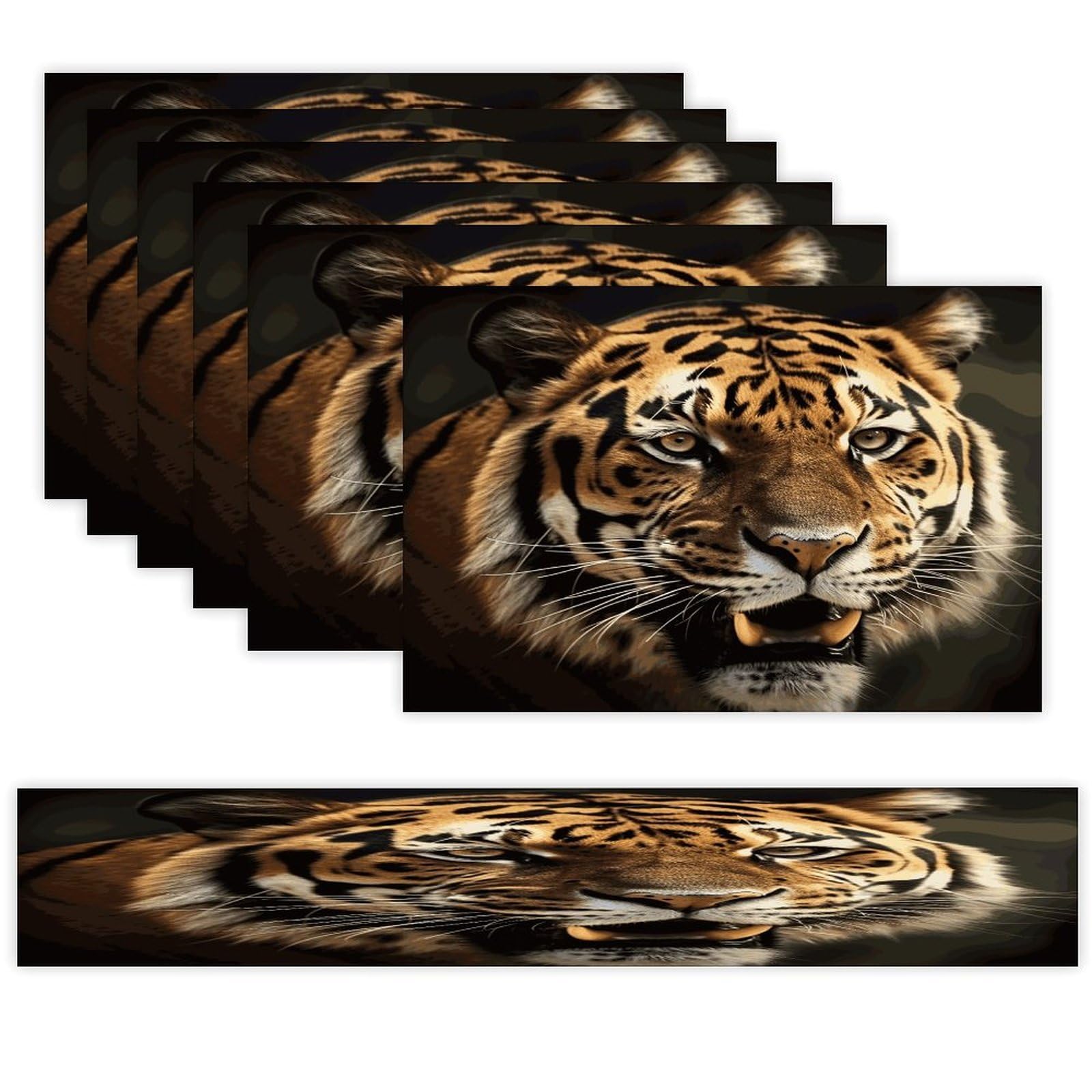 Tiger Table Runner and Placemats Set of 6 Wipe Clean Heat Resistant Table Mat with Table Runner Decorations Flax Linen Place Mat Set for Home Kitchen Party Supplies