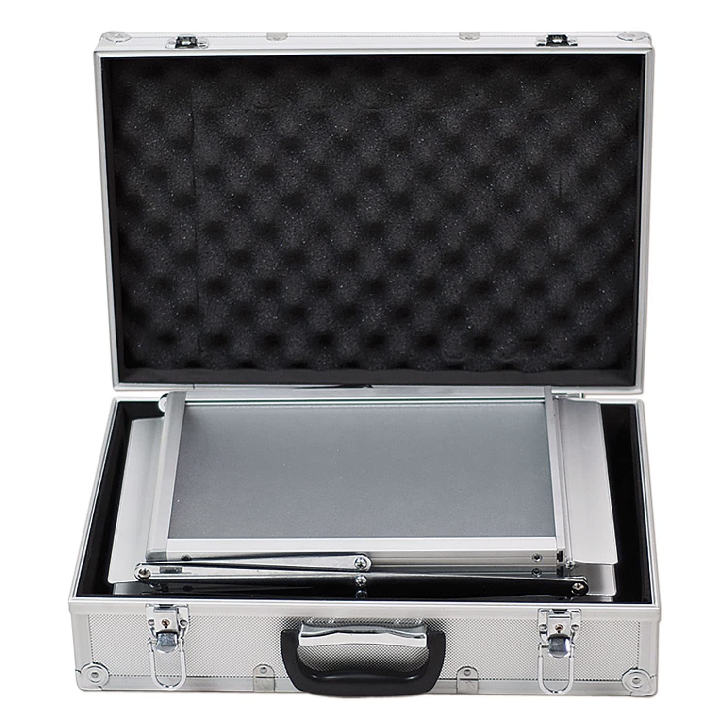 DisplayLager - Prospektständer, Faltbar Inkl. Tragekoffer aus Alu. Bodenprospektständer Hochformat Falt-Prospektständer (Silber, A5)