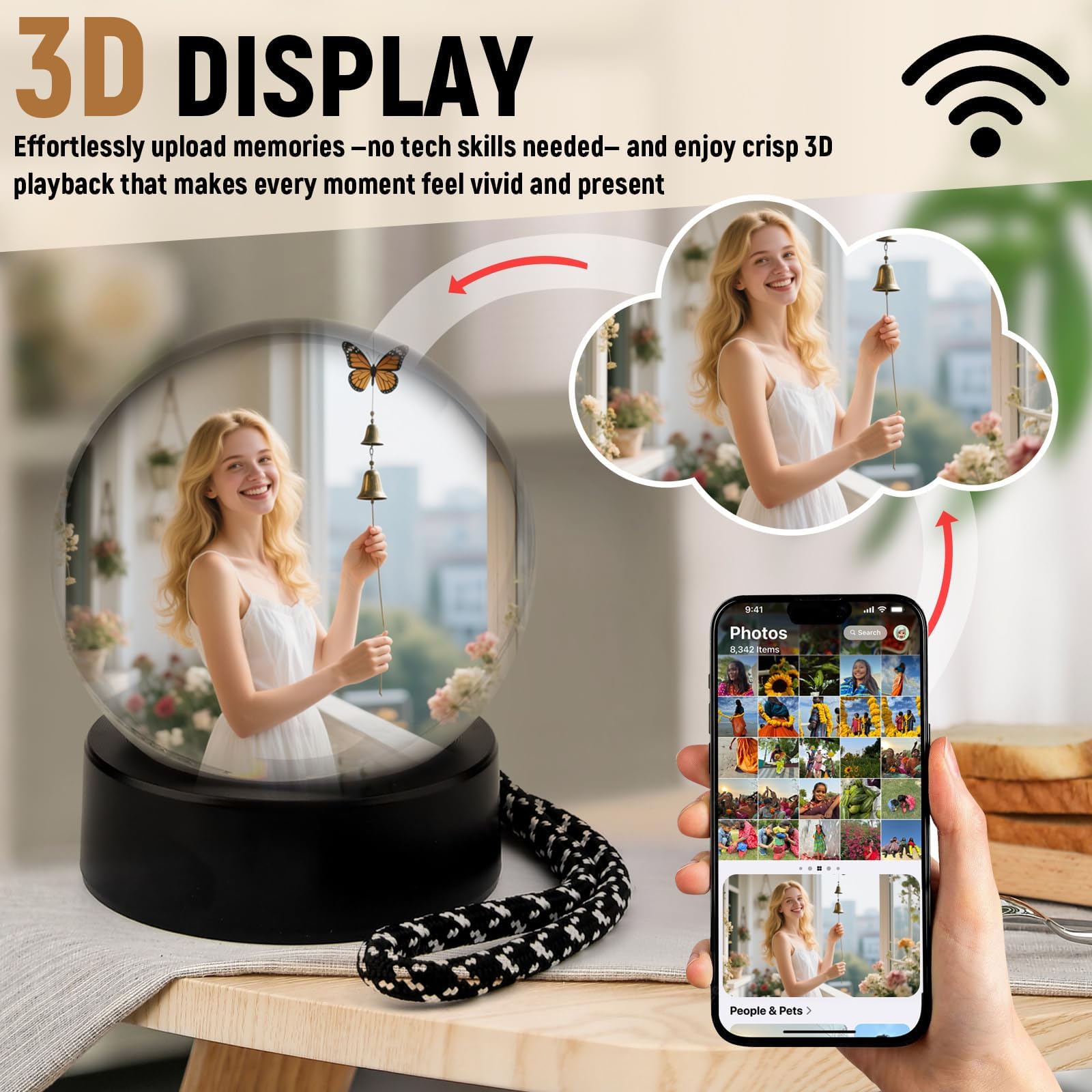 Reproductor de Video Bola de Cristal con Wi-Fi, Bola de Memoria 3D para Fotos y Videos Personalizables, Regalo Ideal para Bodas, Cumpleaños y Aniversarios (A)