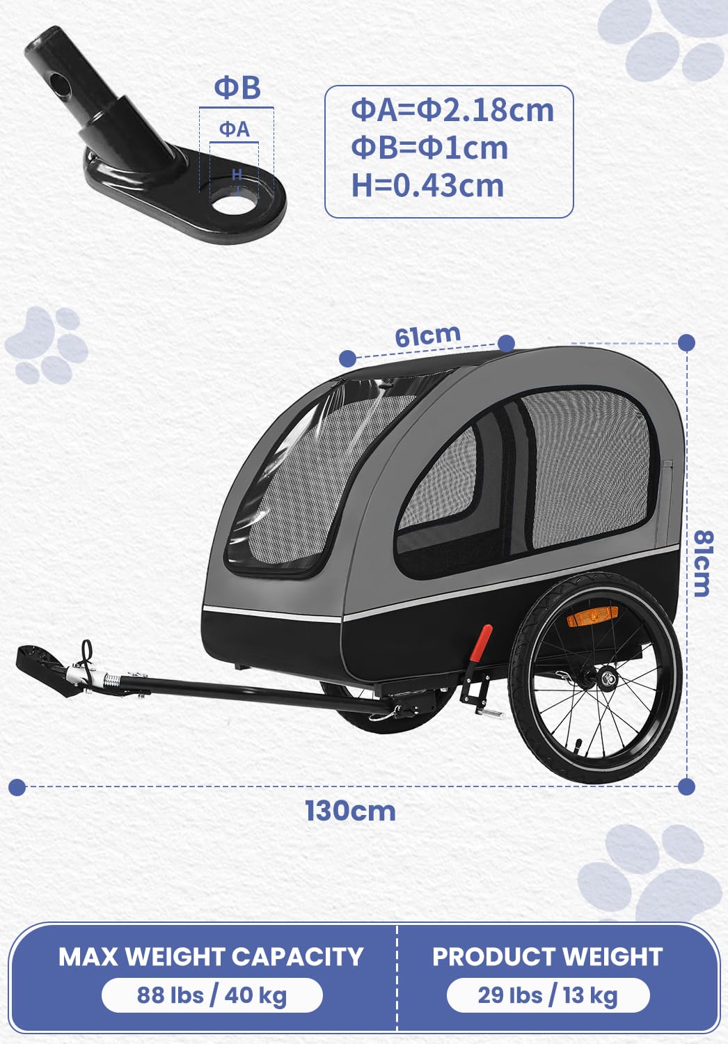 Sepnine Pets L Hundeanhänger für Fahrrad,Fahrradanhänger Hunde,Mit Reflektor und Bremse,600D Oxford Canvas Geschützt vor Regen,Maximale Belastung 40kg