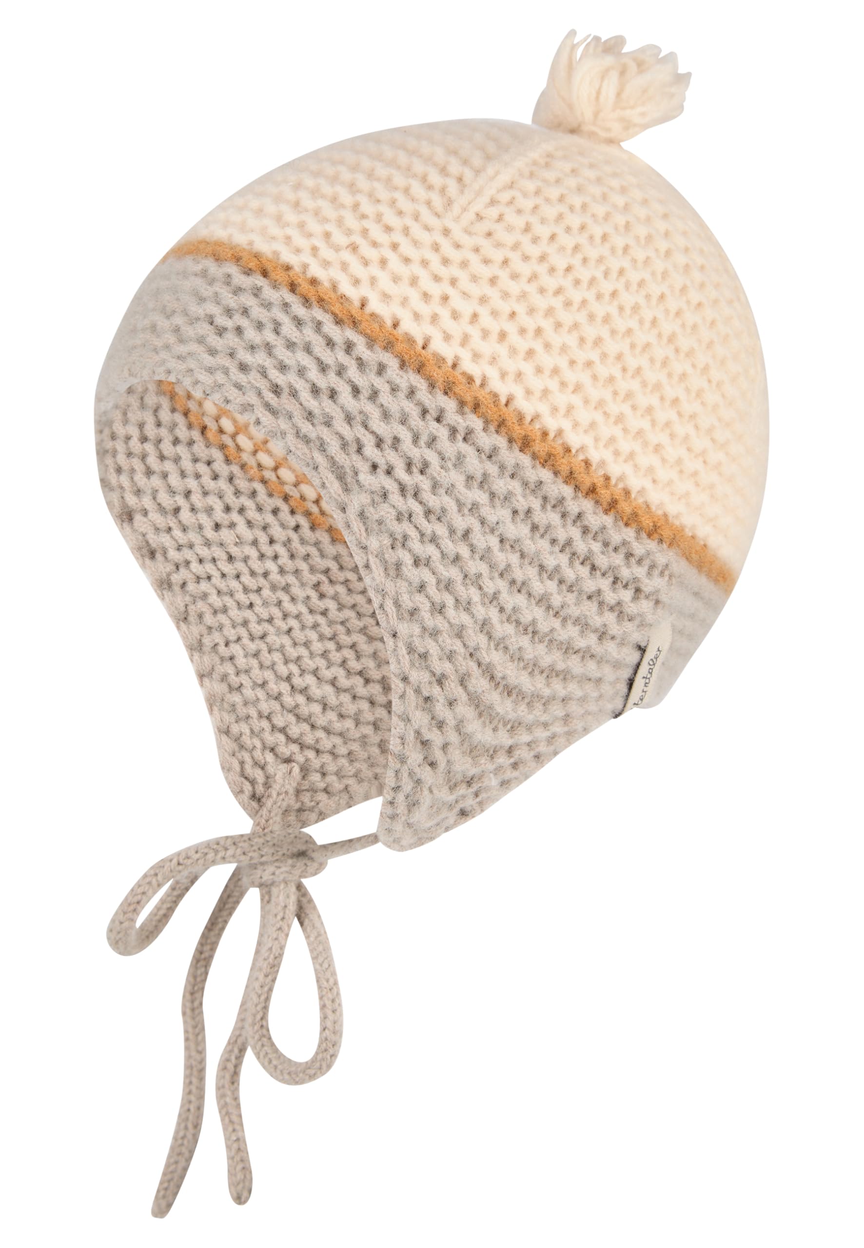Sterntaler Strickmütze aus Lambswool mit Bommel, Ohrenklappen und Bindebändern – Mädchen – warme Mütze für Baby und Kinder, Ecru, Größe 41