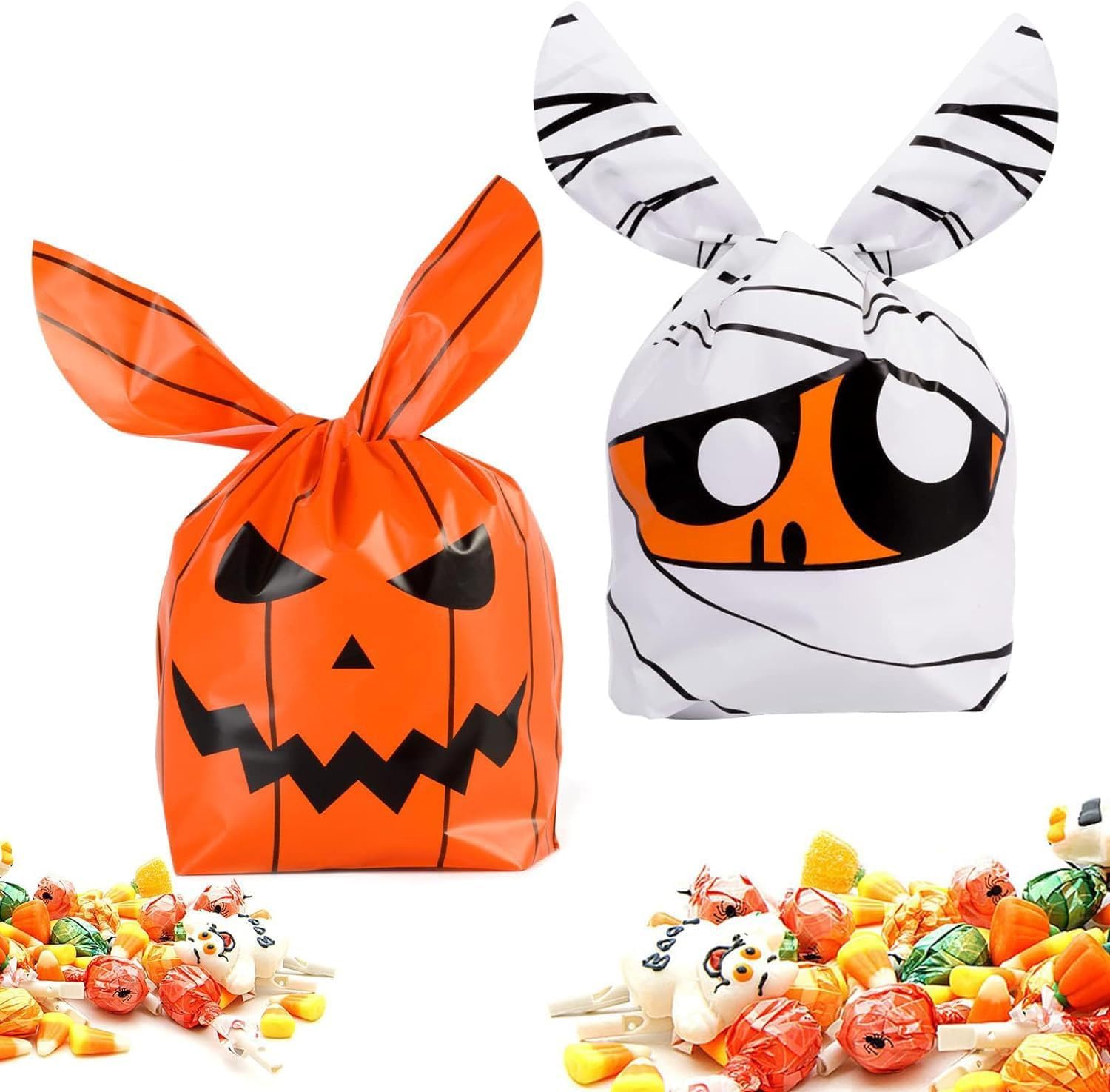 Aowin 100 PCS Halloween Bunny Treats Bags,Rabbit Ears Candy Goody Bags for Kids,Plastic Halloween Bags for Trick or Treat,Ear Tie Cookies Bags,Halloween Candy Treat Bags Party Favors Supplies