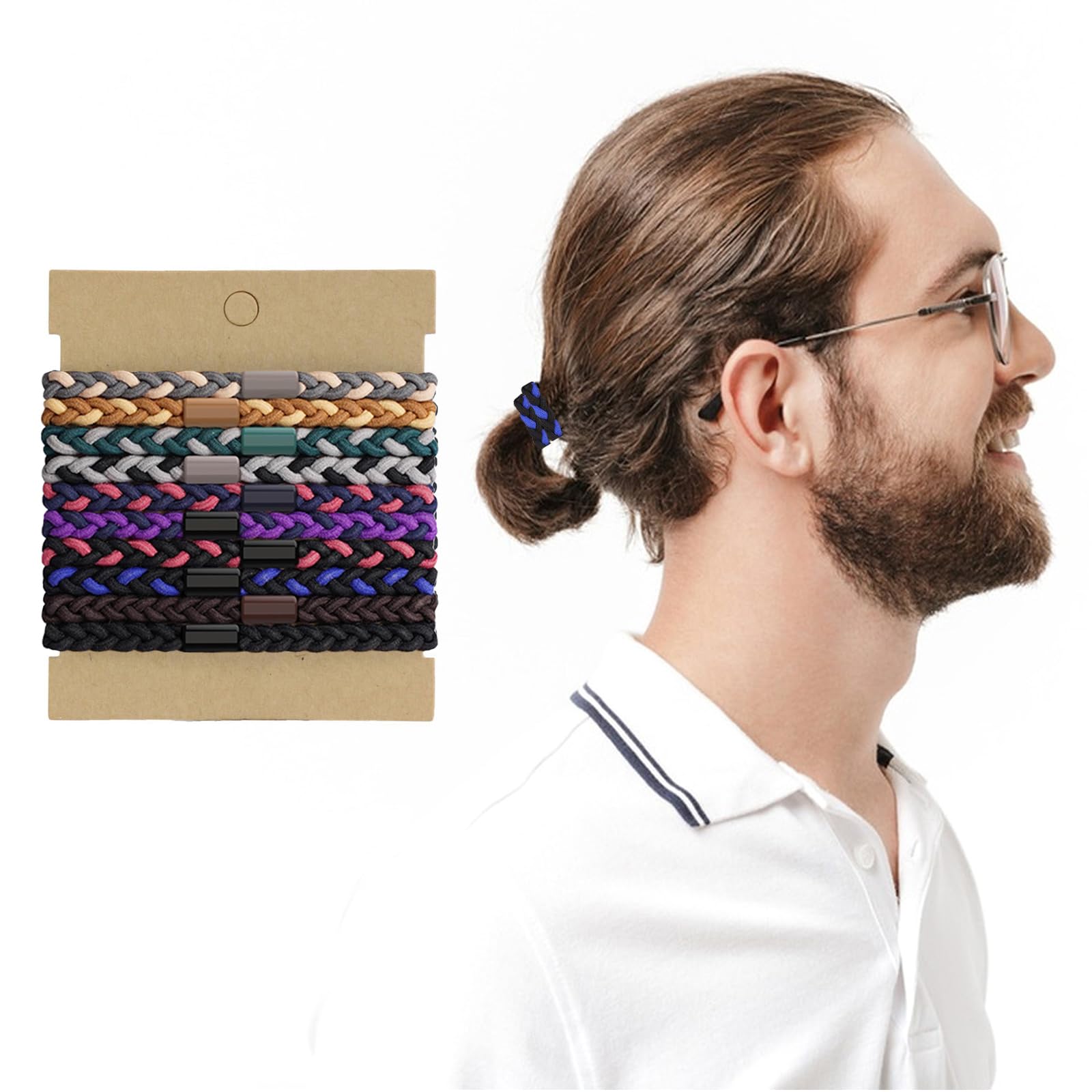 Hair Ties for Men 10 Pcs Braided Elastic Mens Hair Bands No Damage Crease Breakage Hair Ties for Guys with Long Hair for Buns Curly Thick Dense Hair (Colorful)